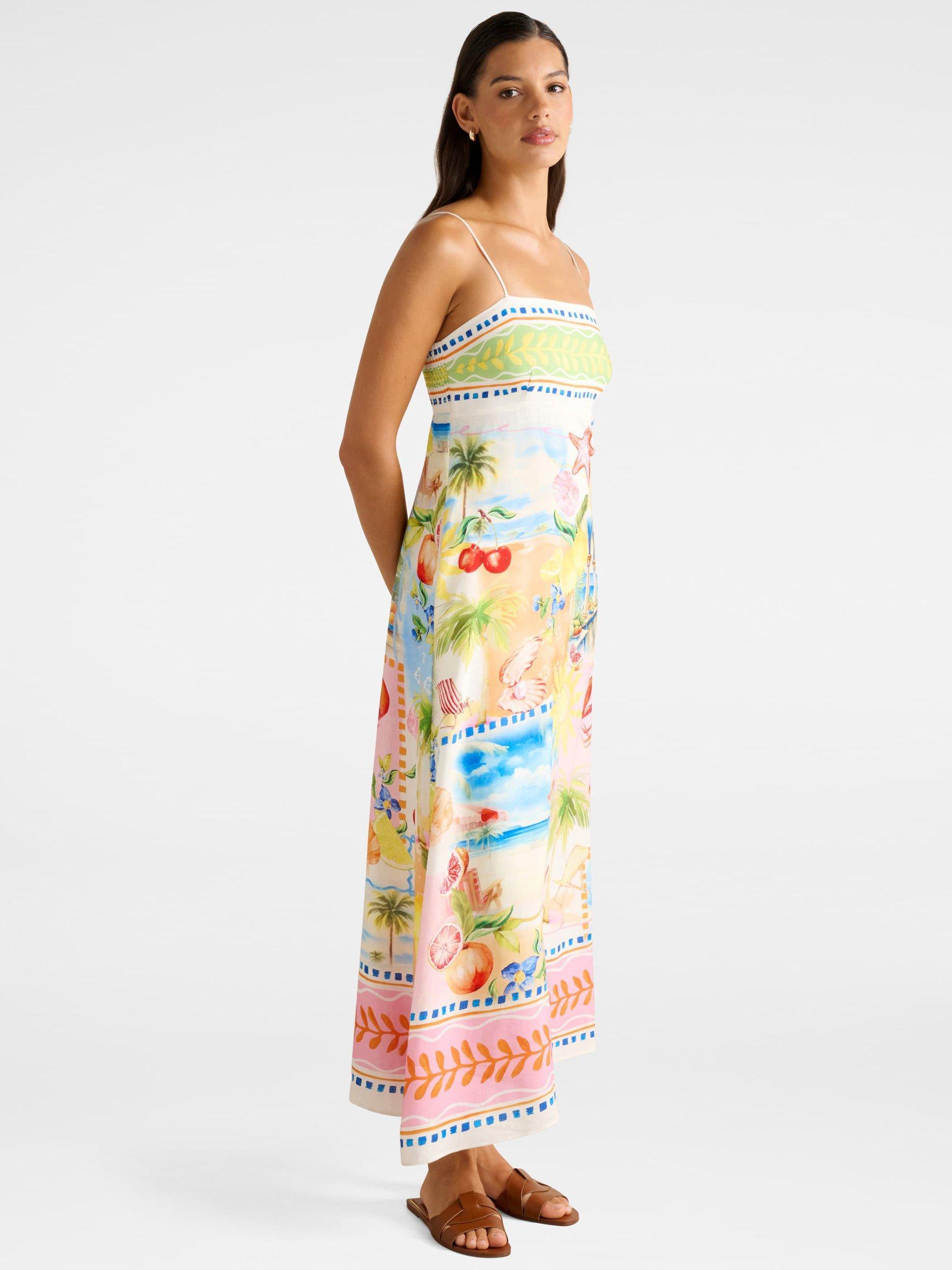 Product image 3 of 5, which shows Forever New Amari Beach Print Linen Blend Midi Dress, Multi, 4