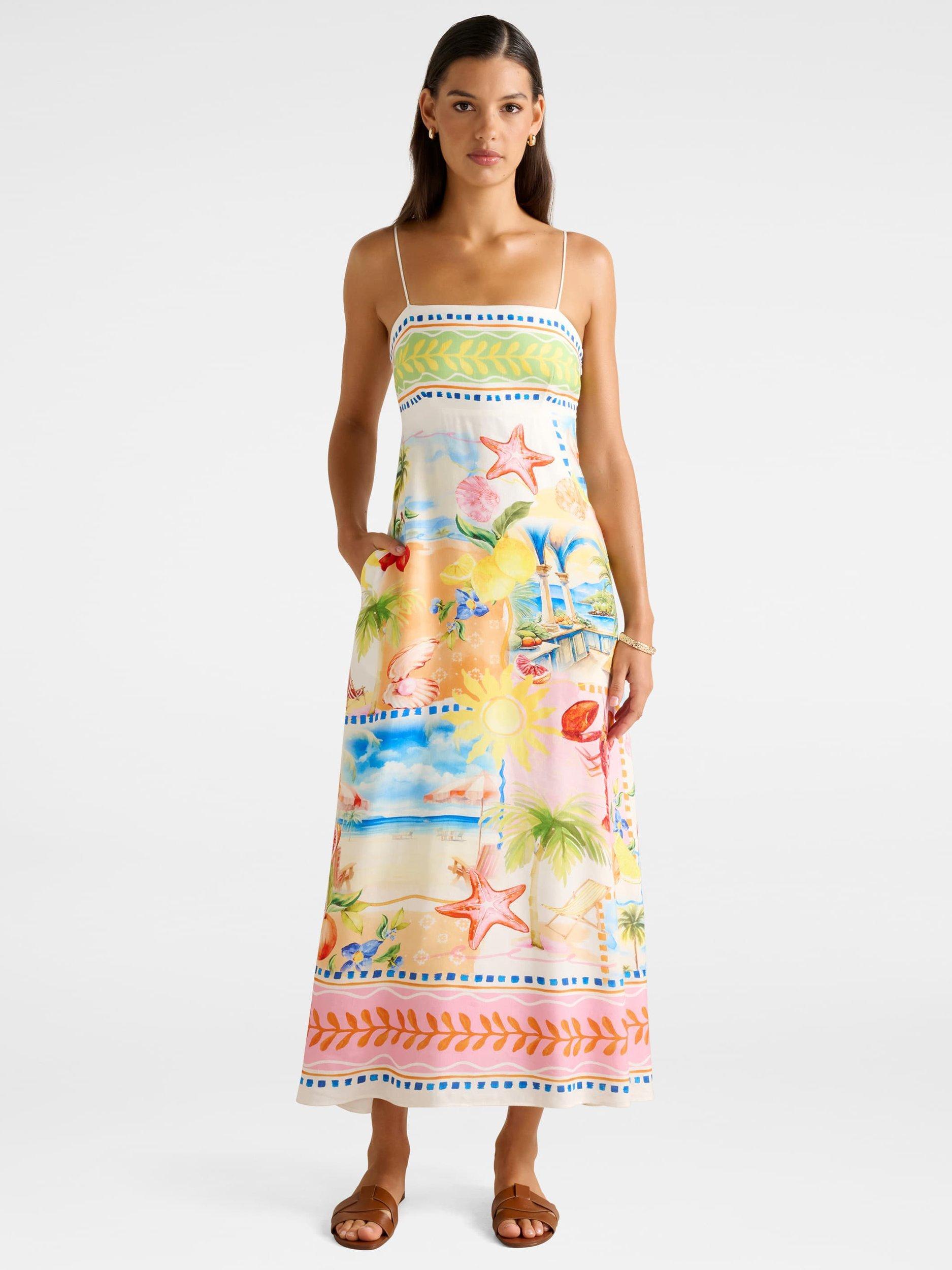 Product image 5 of 5, which shows Forever New Amari Beach Print Linen Blend Midi Dress, Multi, 4