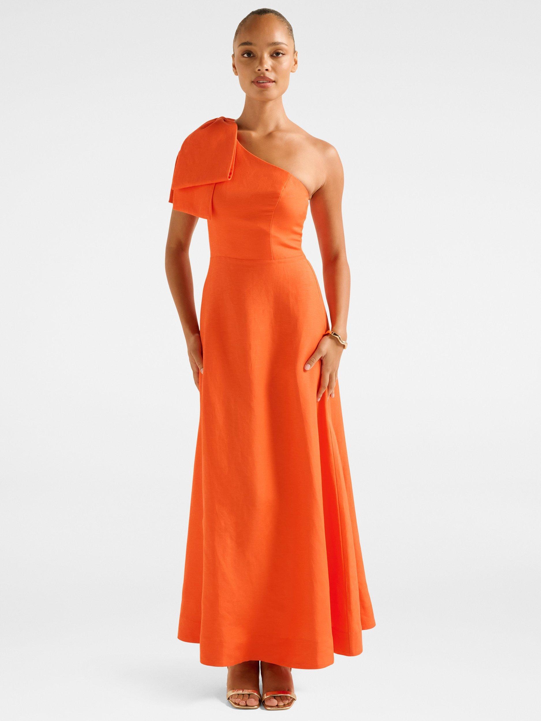Product image 1 of 4, which shows Forever New Danni Asymmetric Bow Linen Rich Midi Dress, Orange Fire, 4