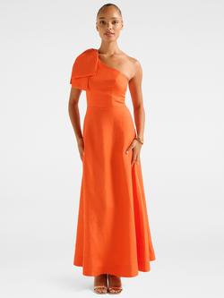 Forever New Danni Asymmetric Bow Linen Rich Midi Dress, Orange Fire, Orange Fire