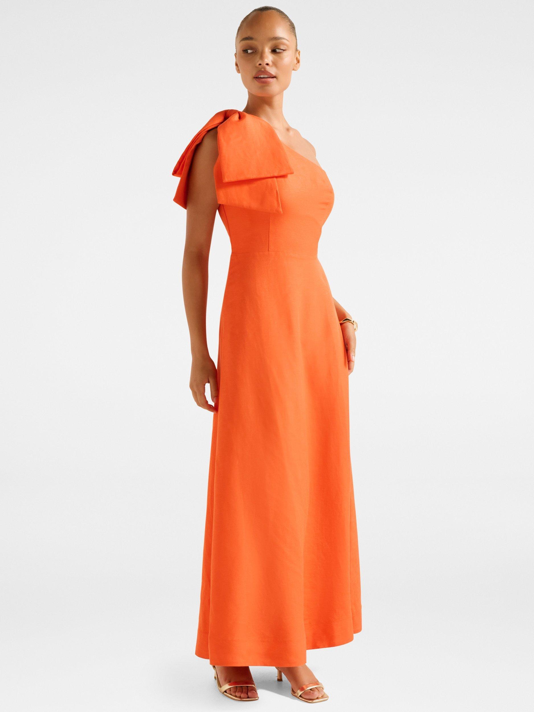 Product image 3 of 4, which shows Forever New Danni Asymmetric Bow Linen Rich Midi Dress, Orange Fire, 4