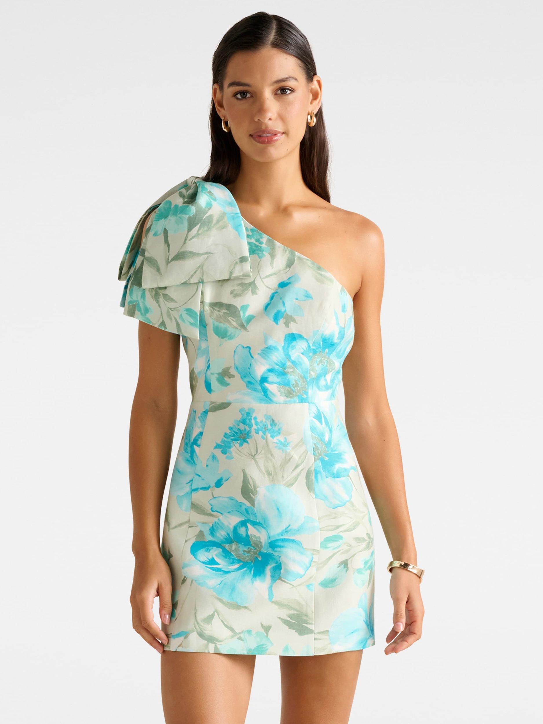 Forever New Darcy Floral One Shoulder Bow Mini Dress, Mint - Main Image