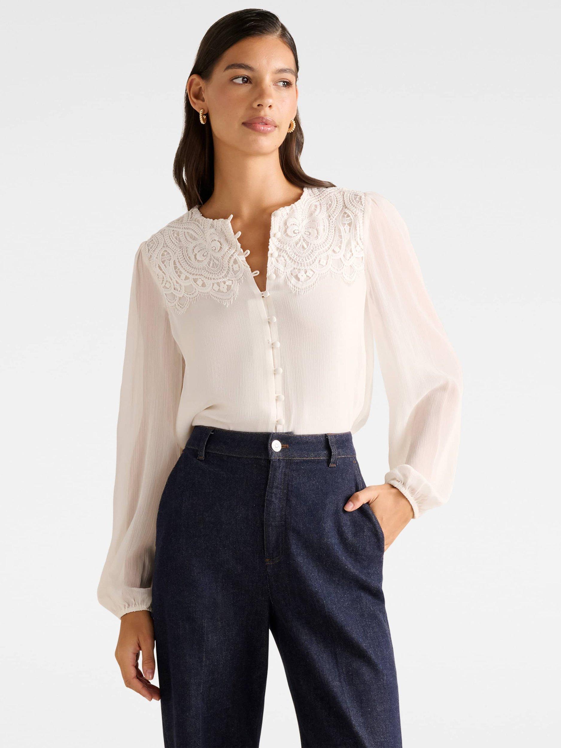 Product image 1 of 5, which shows Forever New Zoe Lace Yoke Blouse, Ivory, 4