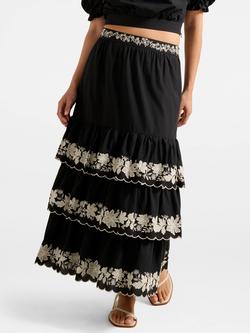 Forever New Blaire Embroidered Tiered Maxi Skirt, Black, Black