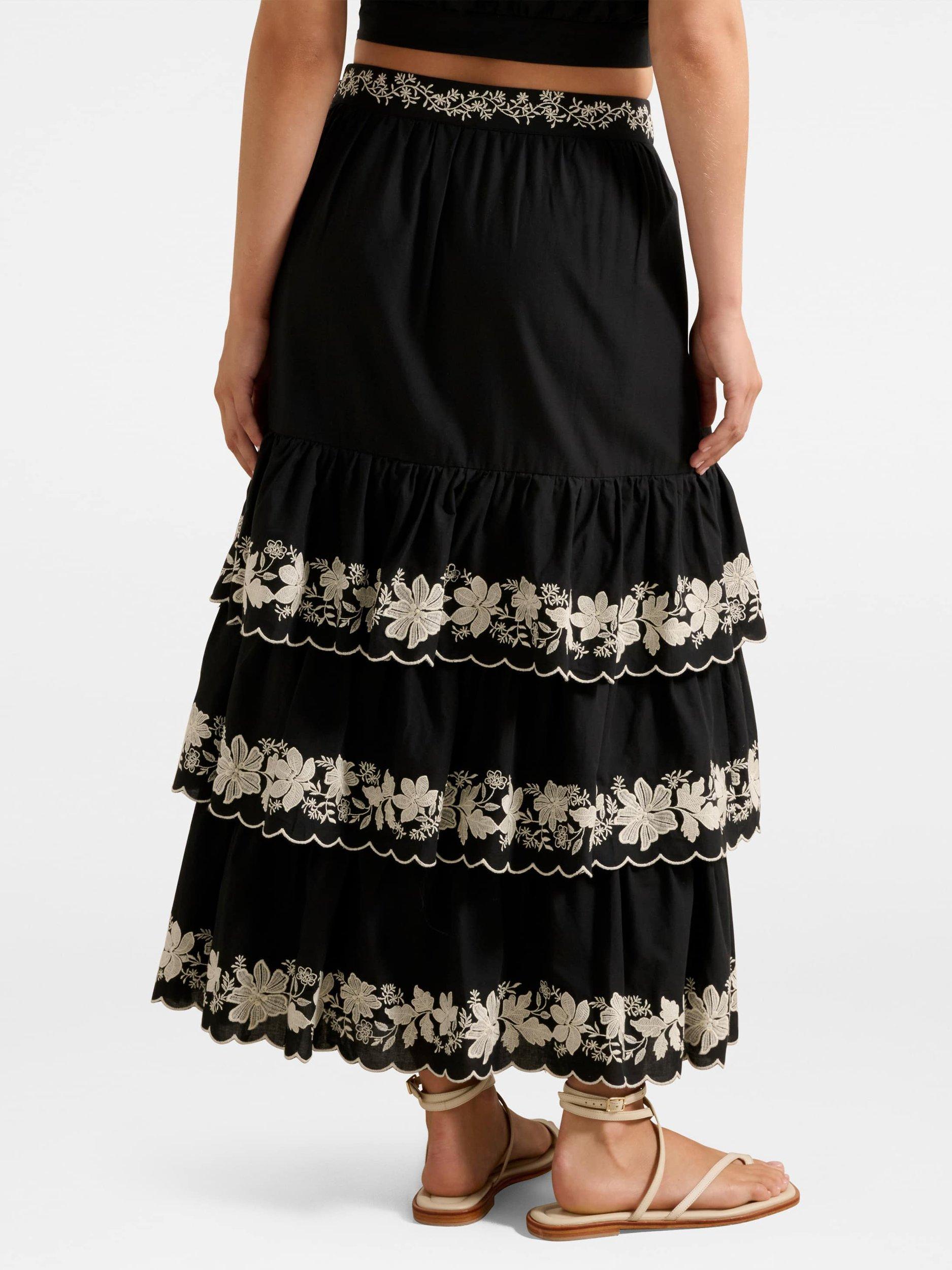 Product image 2 of 5, which shows Forever New Blaire Embroidered Tiered Maxi Skirt, Black, 4