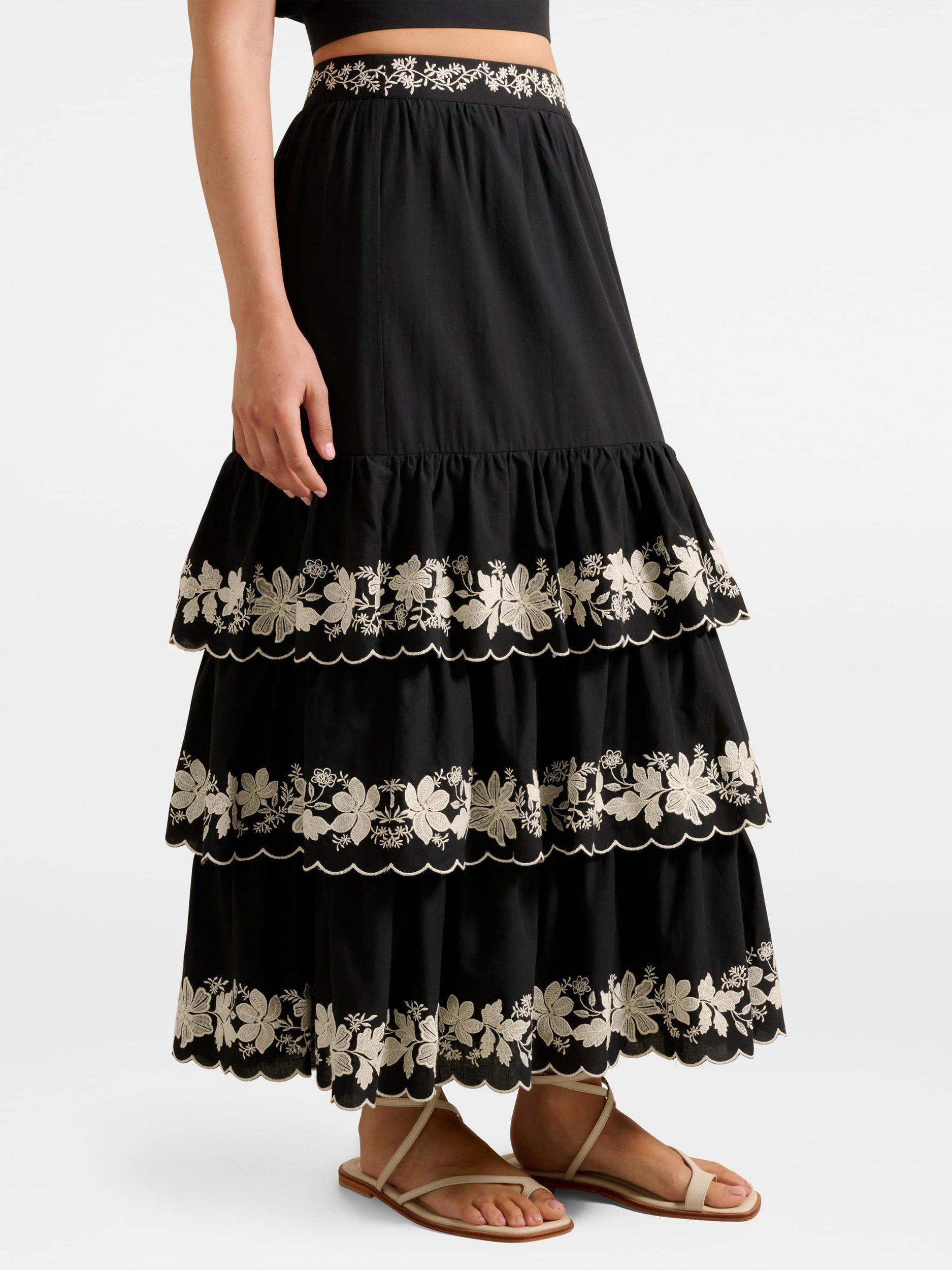 Product image 3 of 5, which shows Forever New Blaire Embroidered Tiered Maxi Skirt, Black, 4