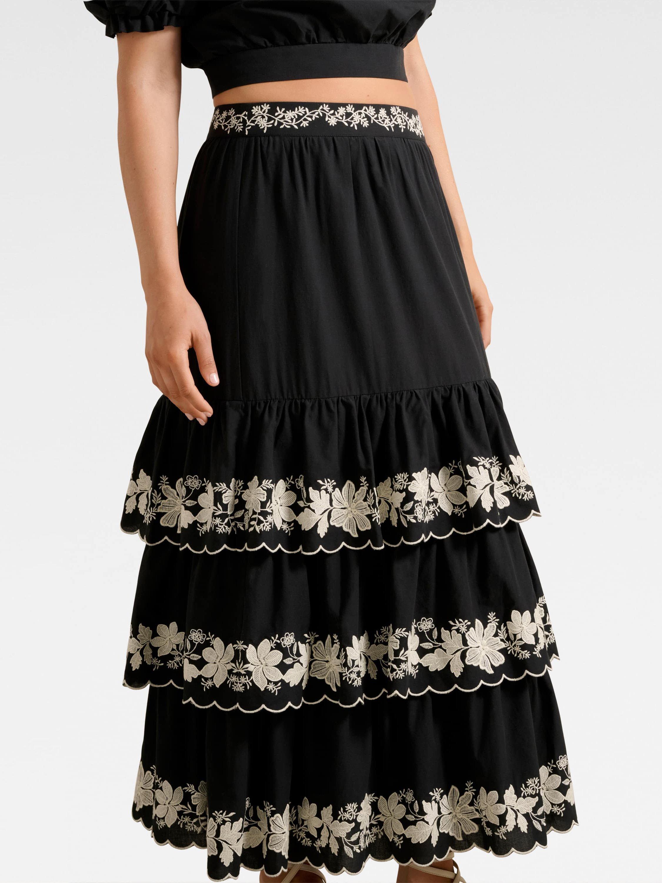 Product image 4 of 5, which shows Forever New Blaire Embroidered Tiered Maxi Skirt, Black, 4