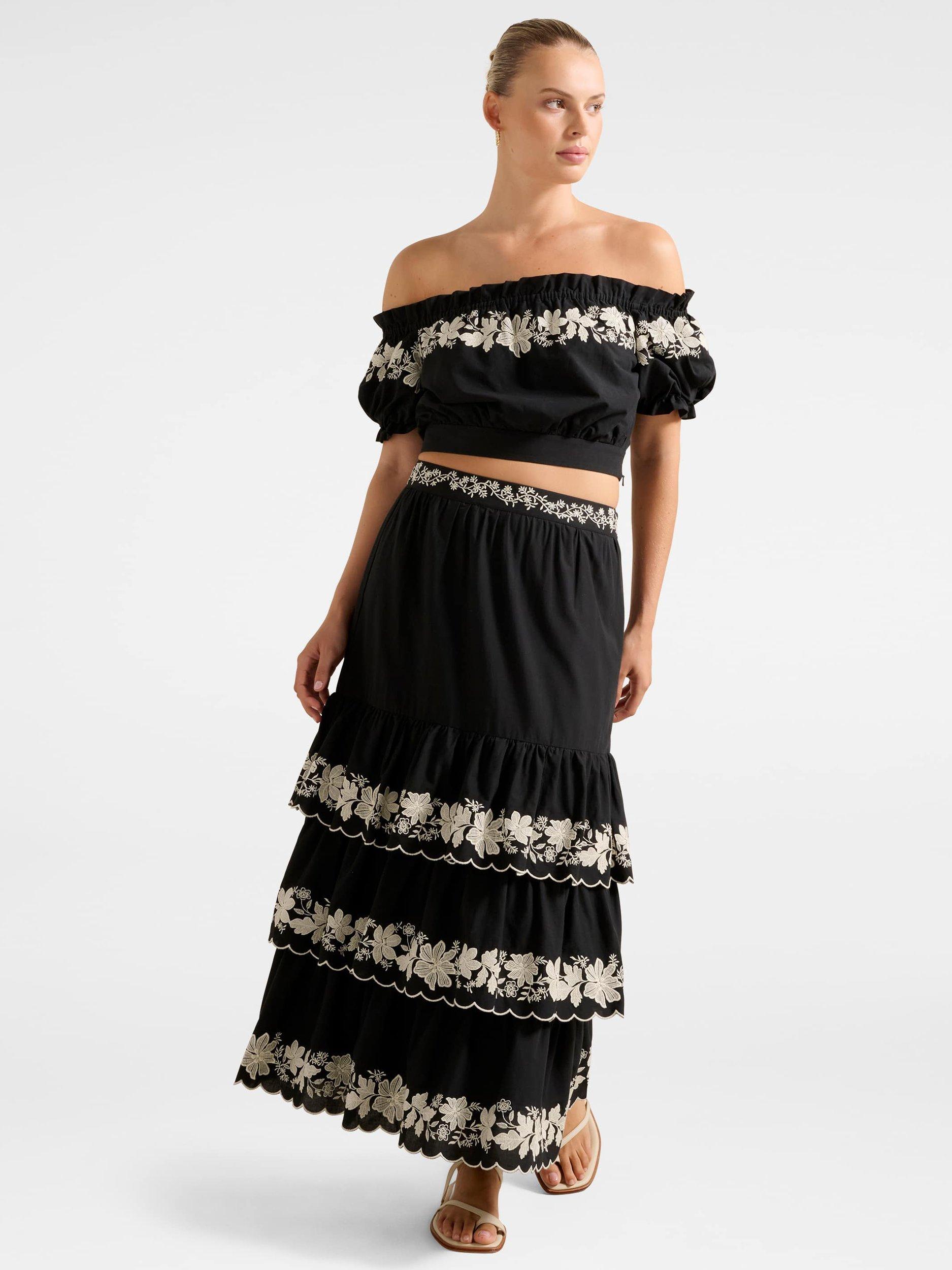 Product image 5 of 5, which shows Forever New Blaire Embroidered Tiered Maxi Skirt, Black, 4