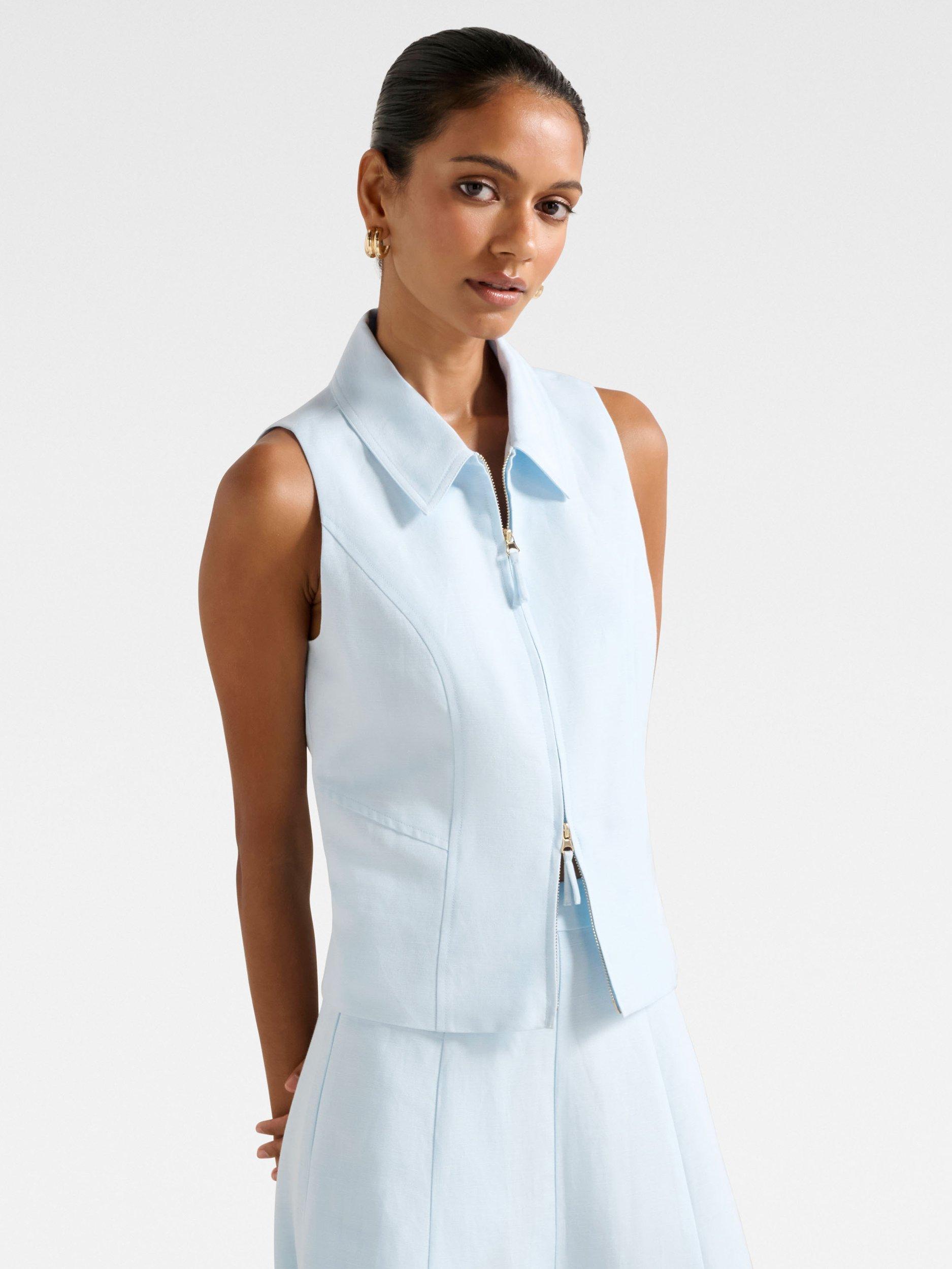 Product image 3 of 5, which shows Forever New Petite Felicity Zip Front Halterneck Top, Ice Water, 4