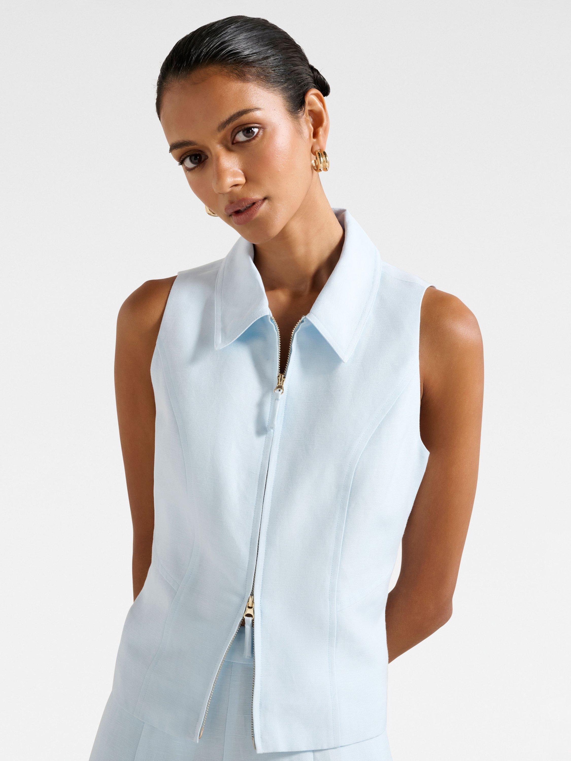 Product image 4 of 5, which shows Forever New Petite Felicity Zip Front Halterneck Top, Ice Water, 4