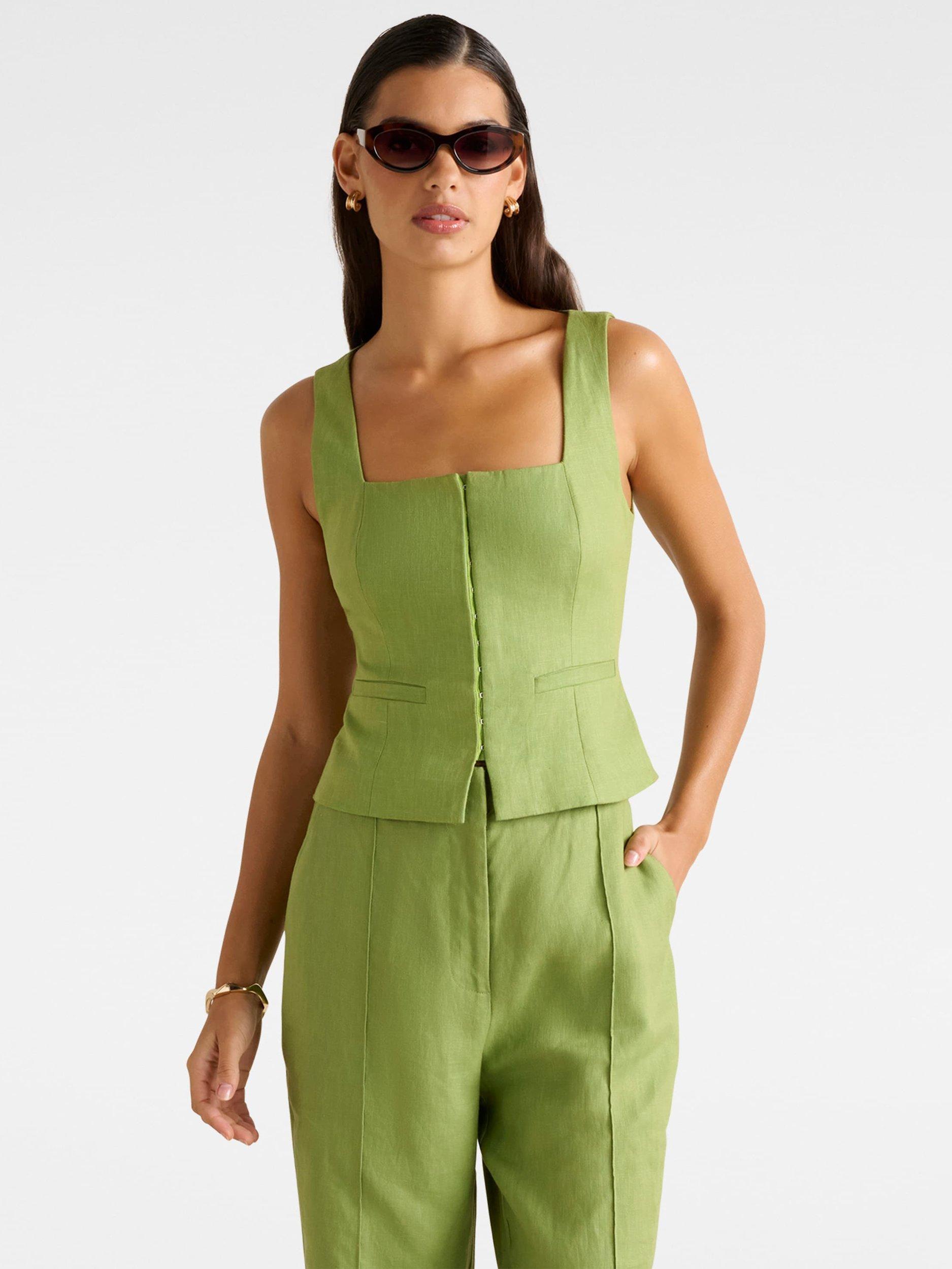 Product image 1 of 5, which shows Forever New Posey Pure Linen Waistcoat, Green, 4