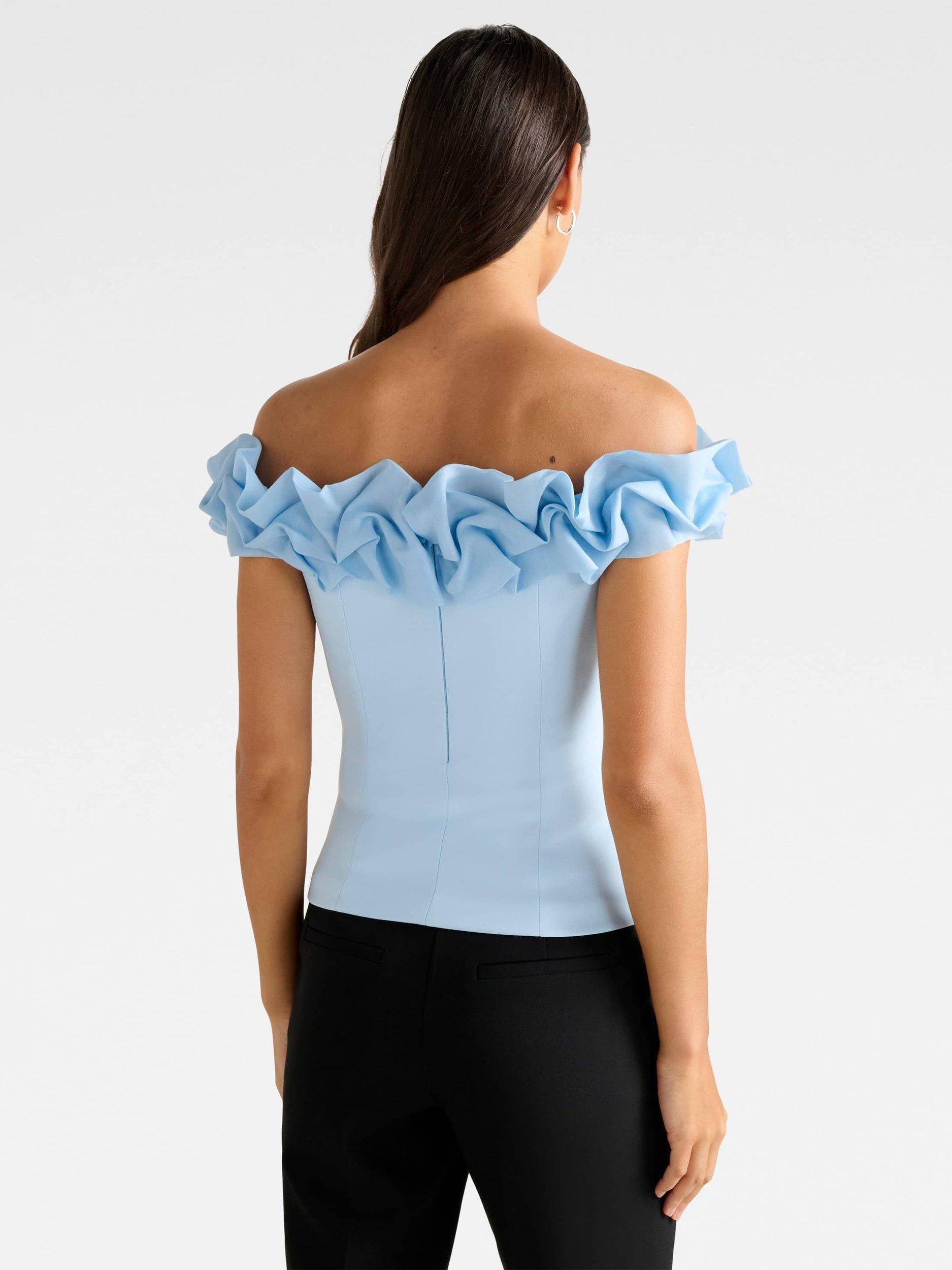 Product image 2 of 5, which shows Forever New Stephanie Ruffle Crepe Bustier Top, Soft Blue, L