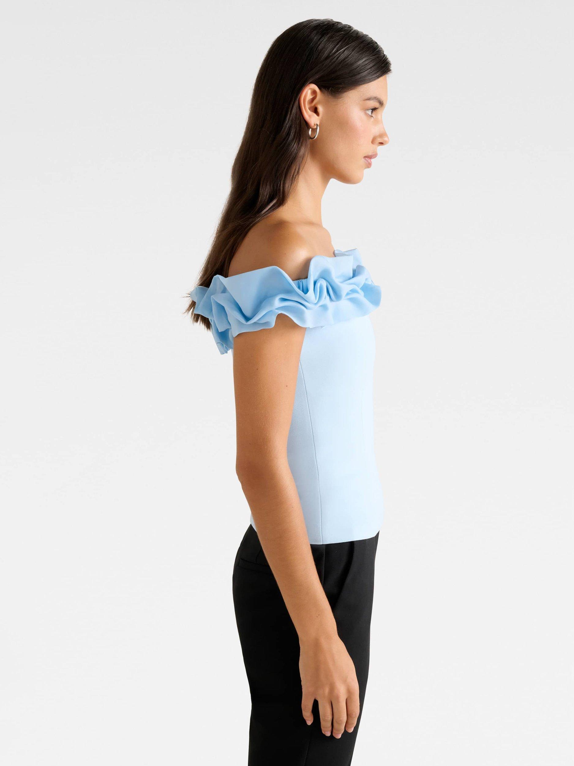 Product image 3 of 5, which shows Forever New Stephanie Ruffle Crepe Bustier Top, Soft Blue, L