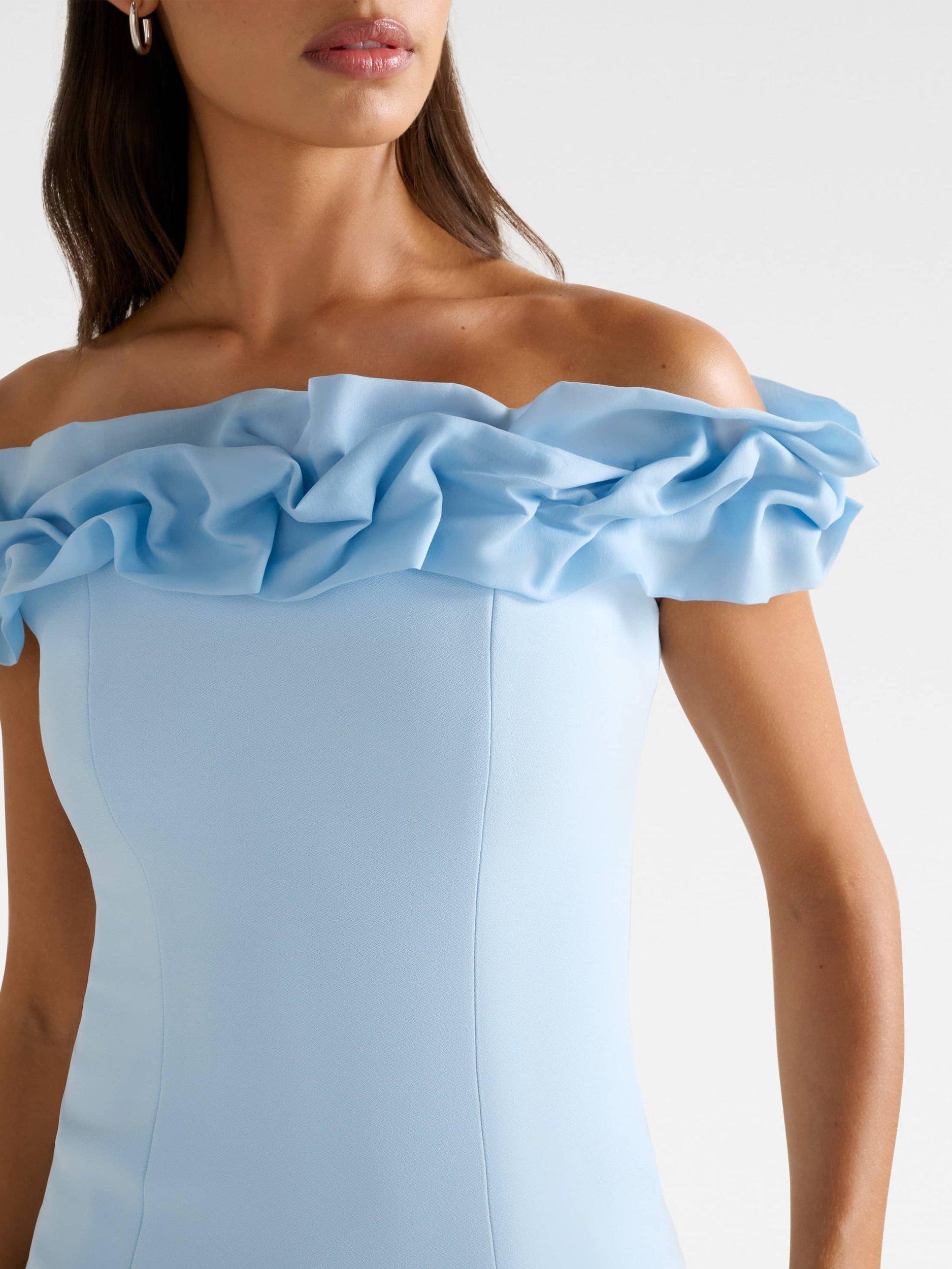 Product image 4 of 5, which shows Forever New Stephanie Ruffle Crepe Bustier Top, Soft Blue, L