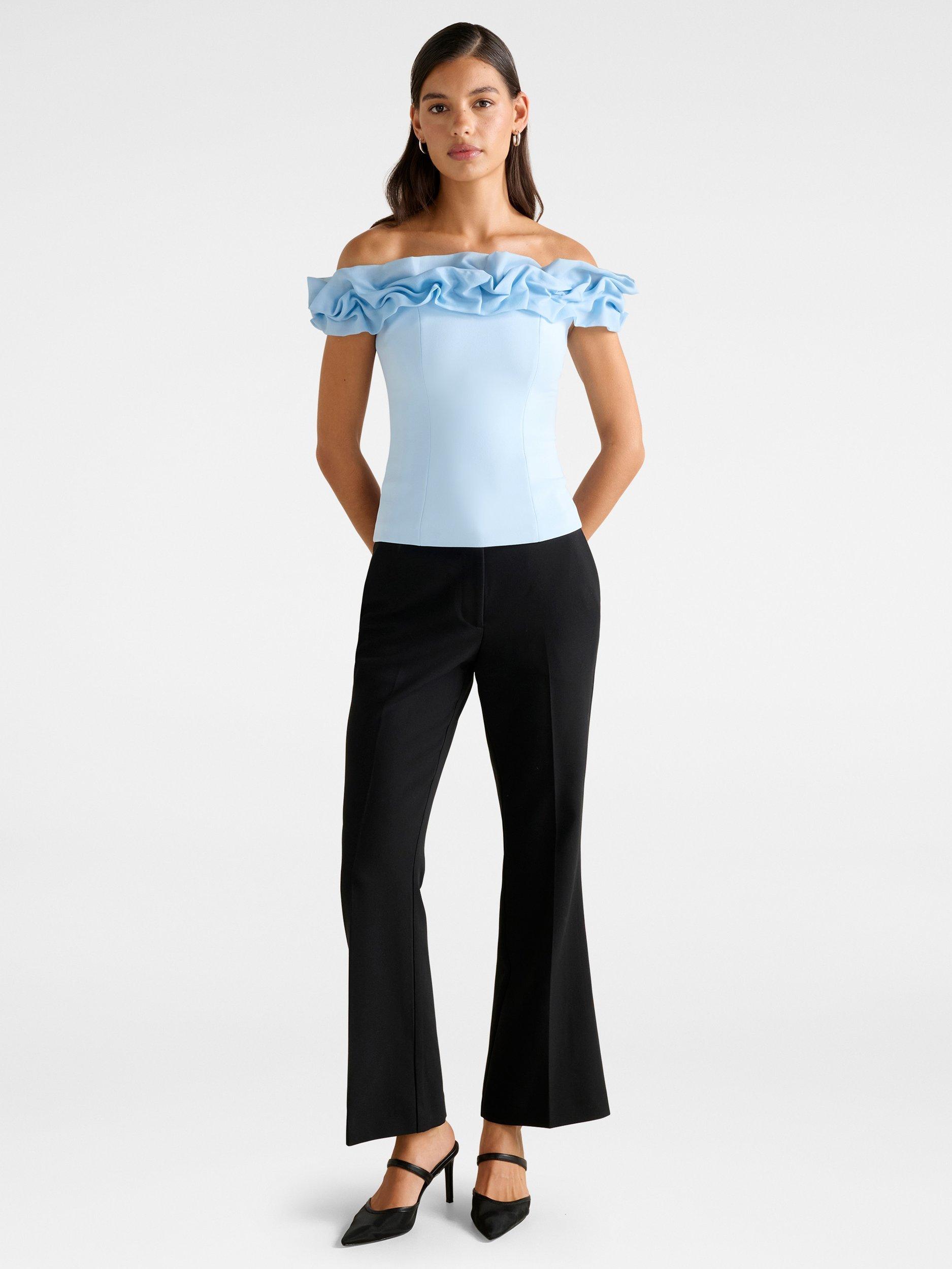 Product image 5 of 5, which shows Forever New Stephanie Ruffle Crepe Bustier Top, Soft Blue, L