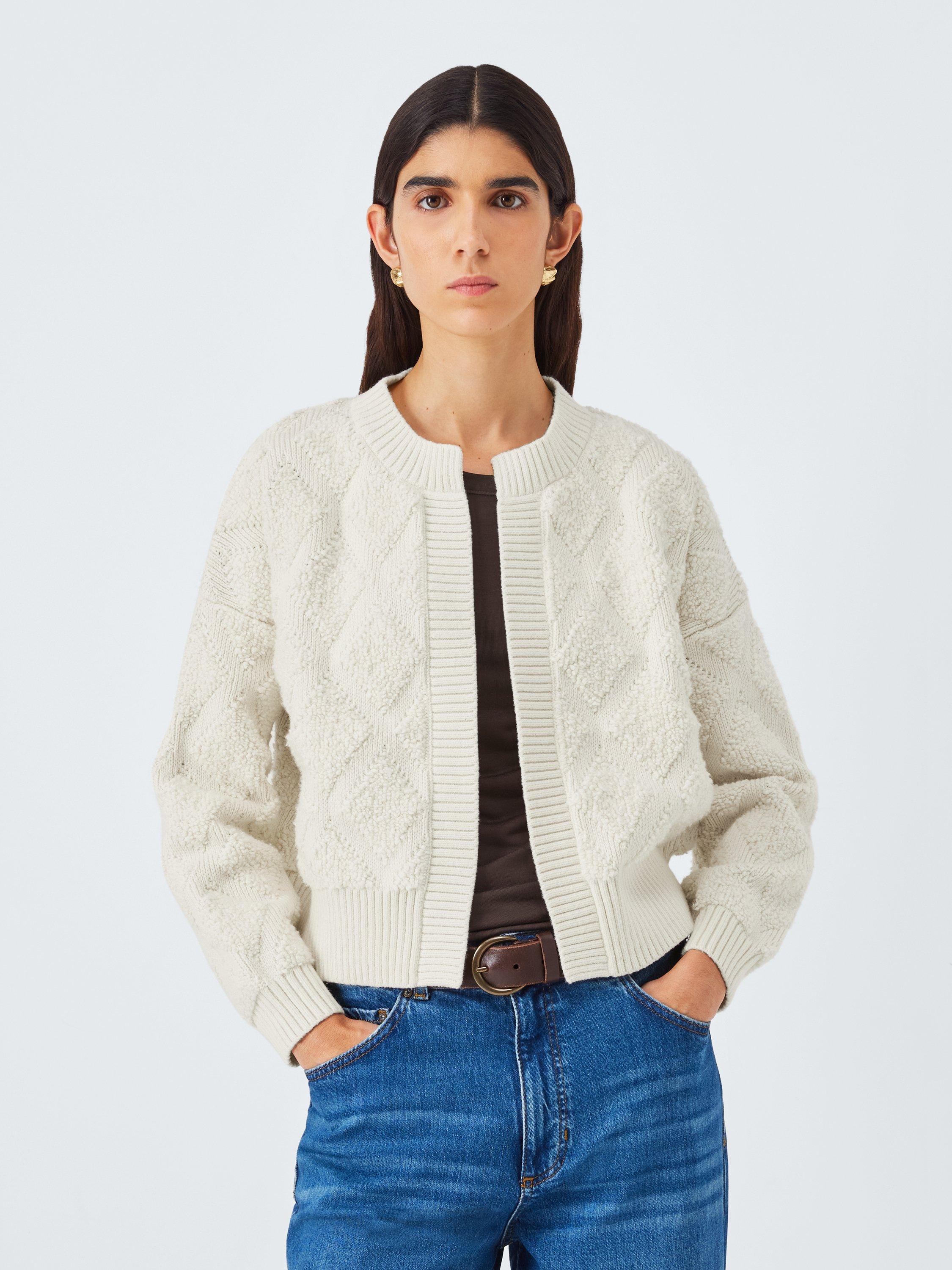 Product image 1 of 6, which shows AND/OR Textured Argyle Cardigan, Cream, XS