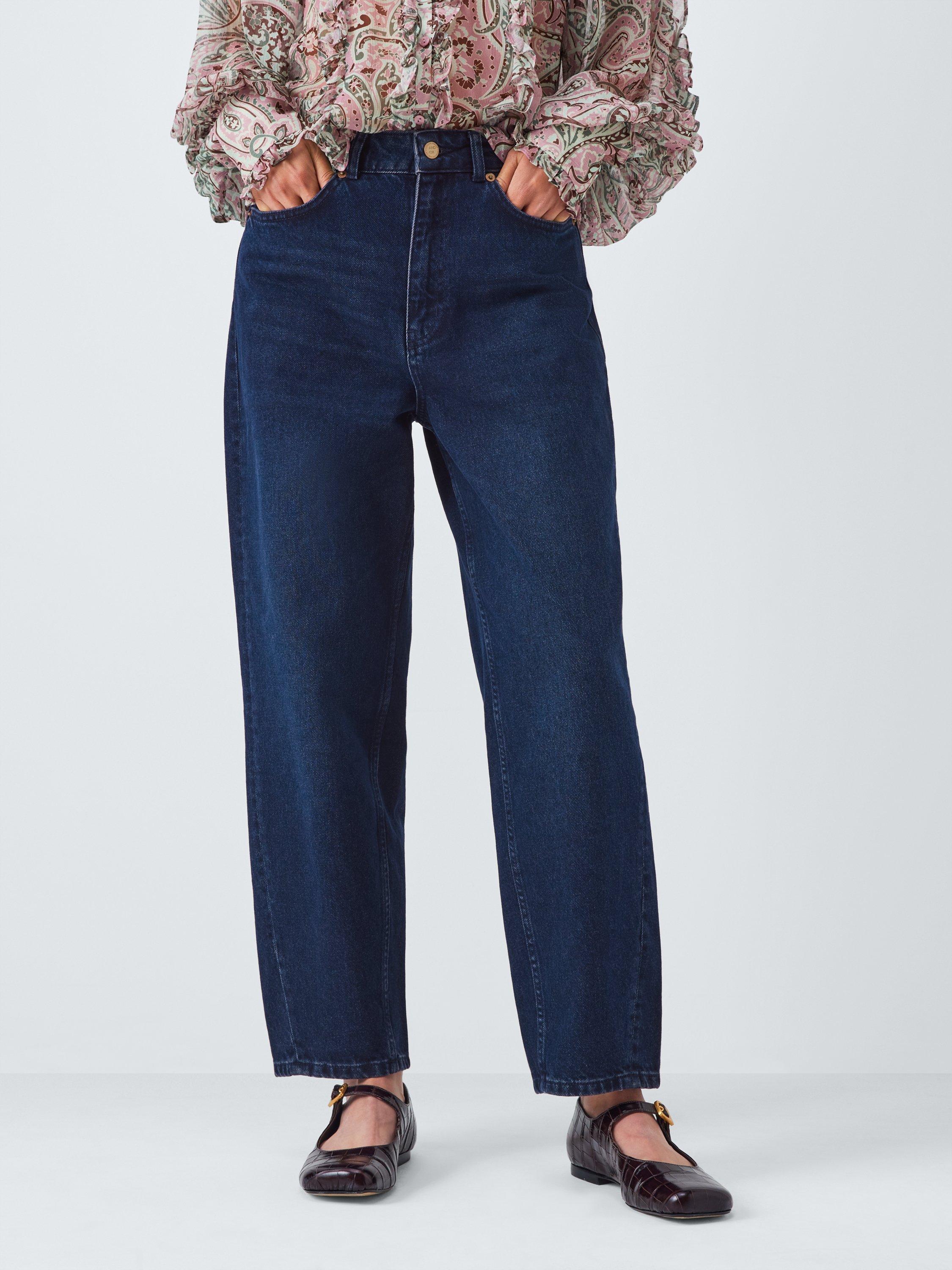 Product image 1 of 6, which shows AND/OR Mid Rise Barrel Leg Jeans, Dark Blue, 26R