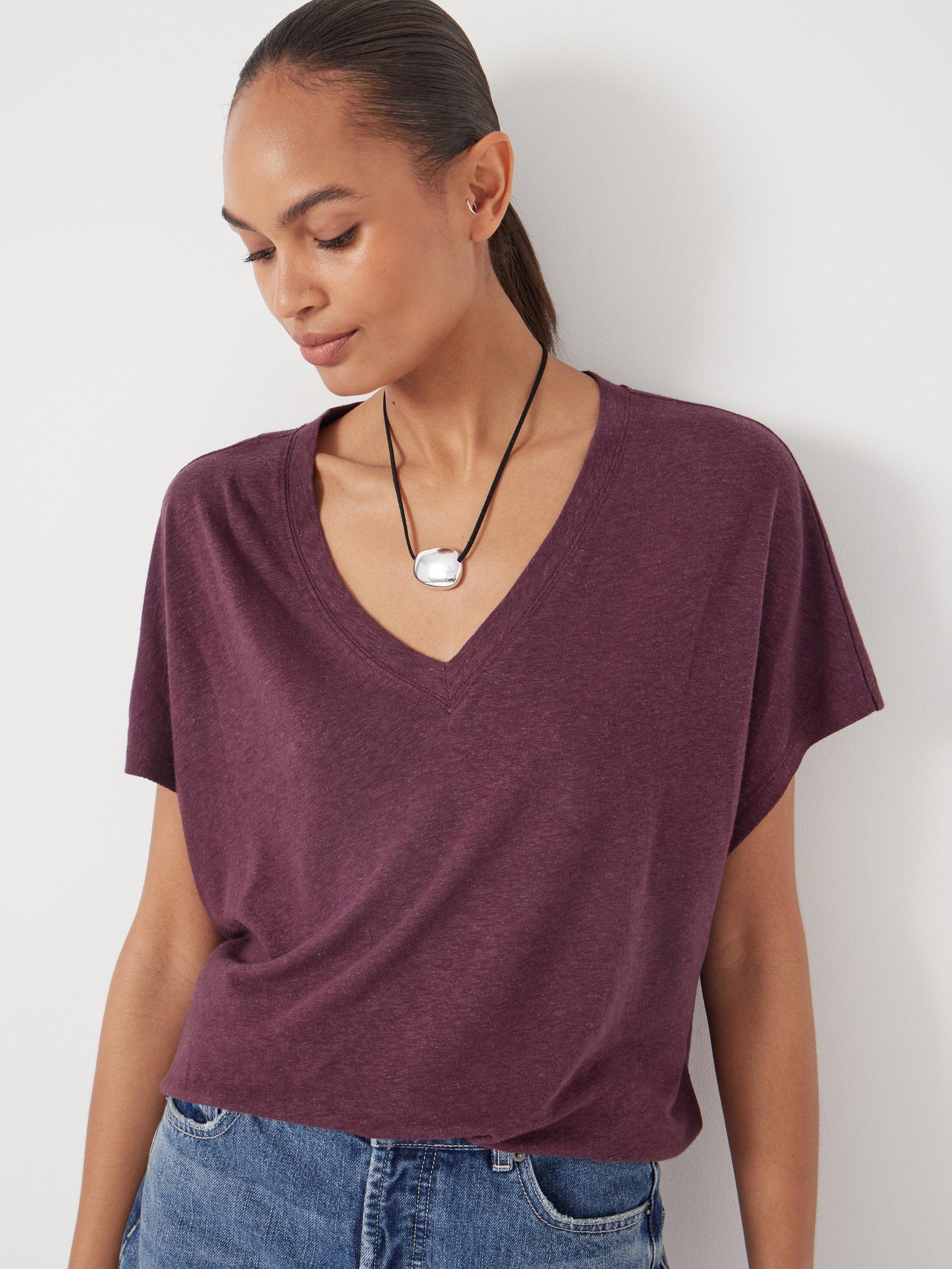 Product image 5 of 5, which shows HUSH Rosalia Linen Blend T-Shirt, Burgundy Red, XXS