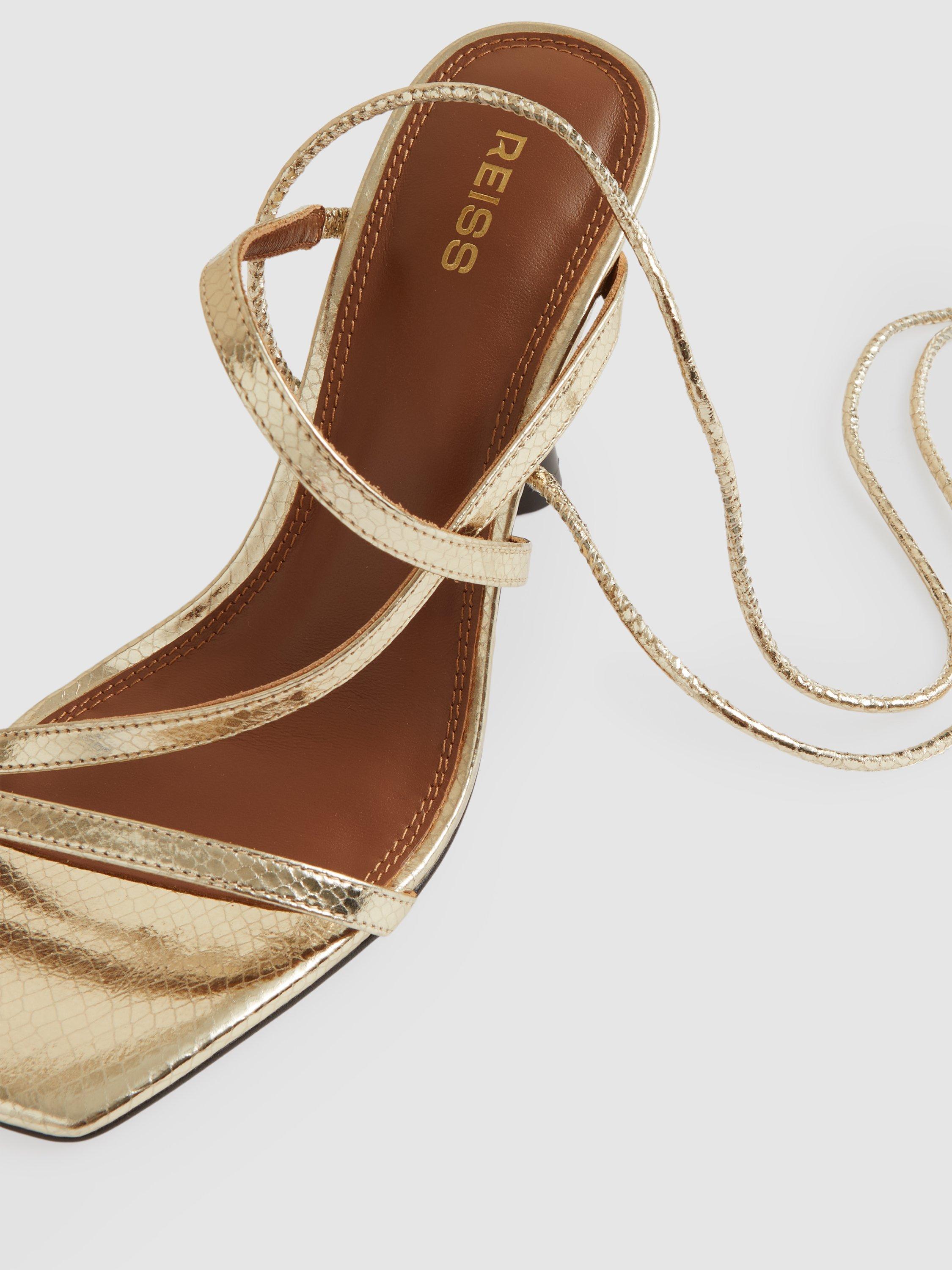 Product image 2 of 5, which shows Reiss Rebecca Strappy Leather Sandals, Gold, 3