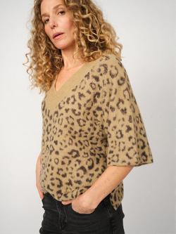 MOS MOSH MMTaci V-Neck Leopard Print Knitted Wool Blend Jumper, True Camel
