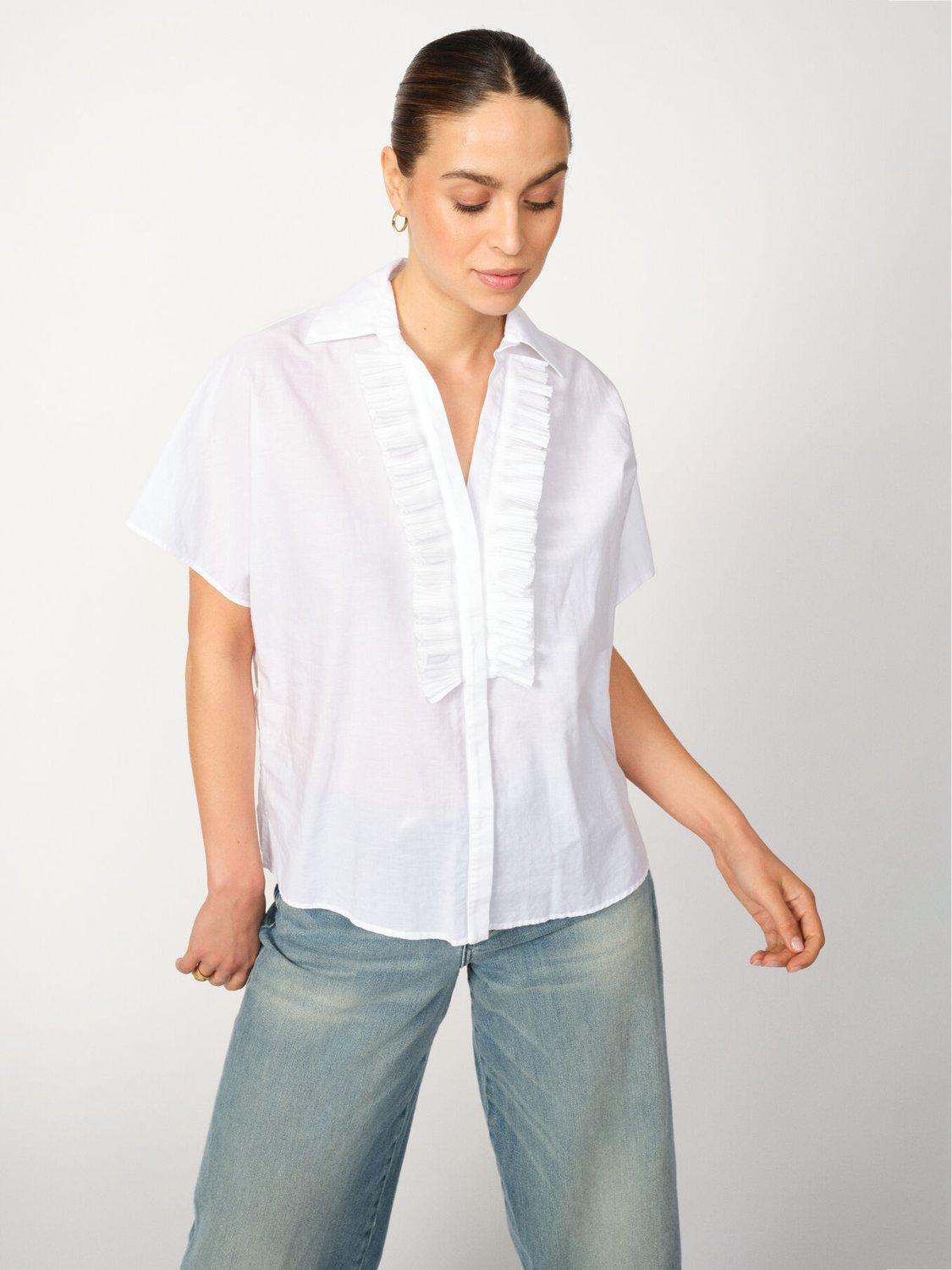 Product image 1 of 4, which shows MOS MOSH Biana Ruffle Short Sleeve Shirt, White, XL