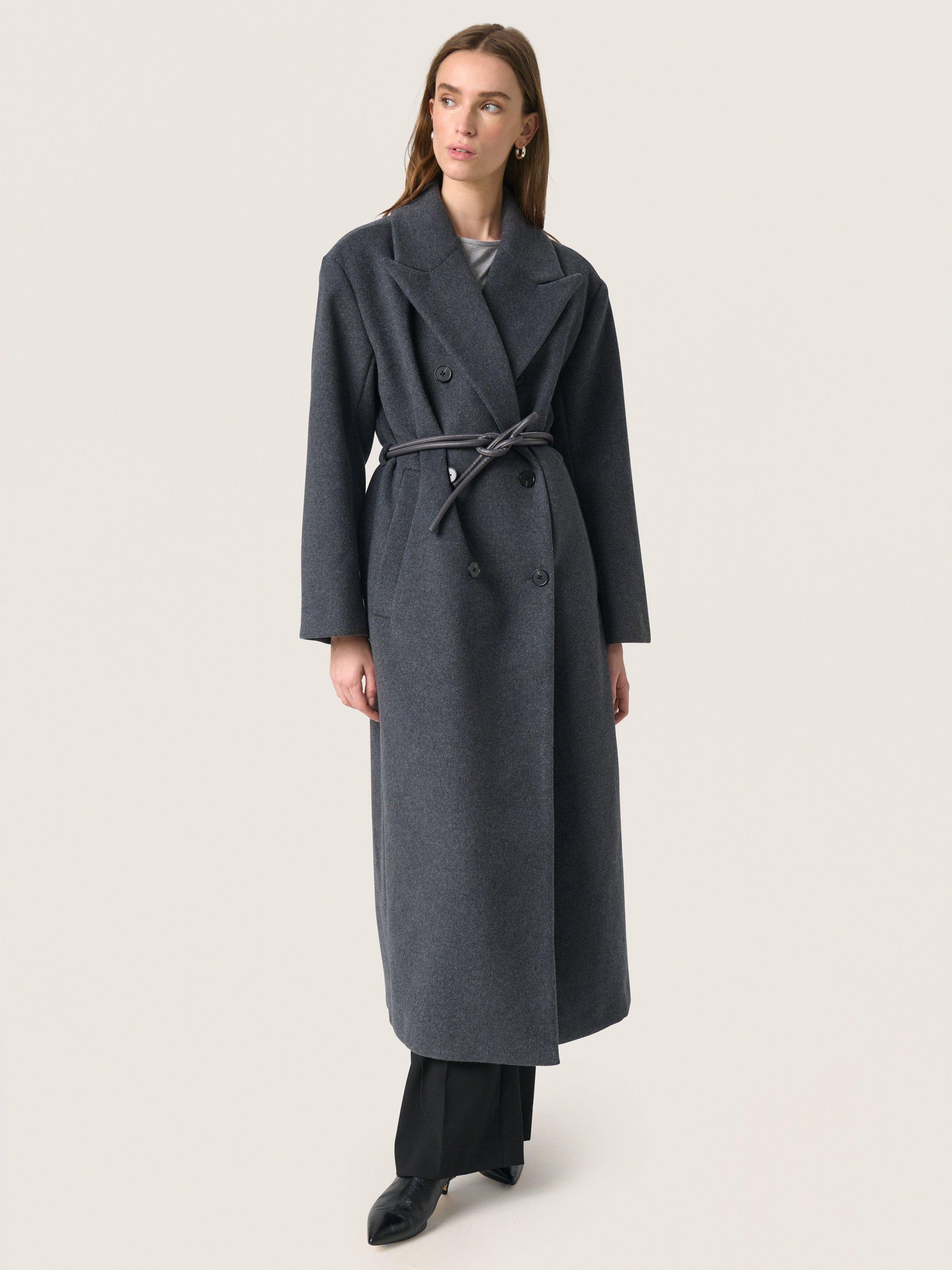 Product image 1 of 5, which shows Soaked In Luxury SLMafalda Collared Wool Blend Longline Jacket, Dark Grey Melange, XS