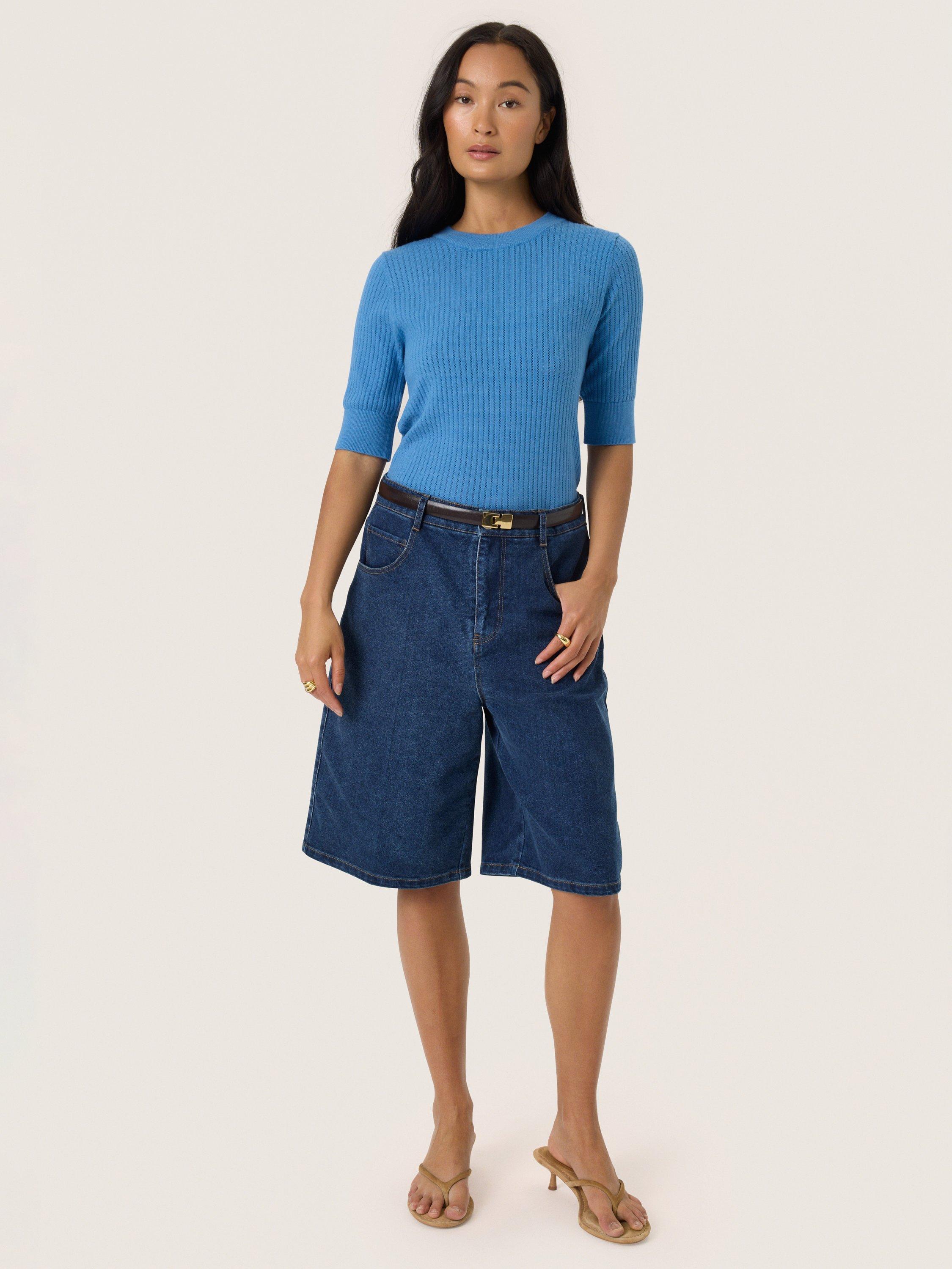 Product image 3 of 6, which shows Soaked In Luxury Spina Ribbed Crew Neck Jumper, Blue Yonder, XS