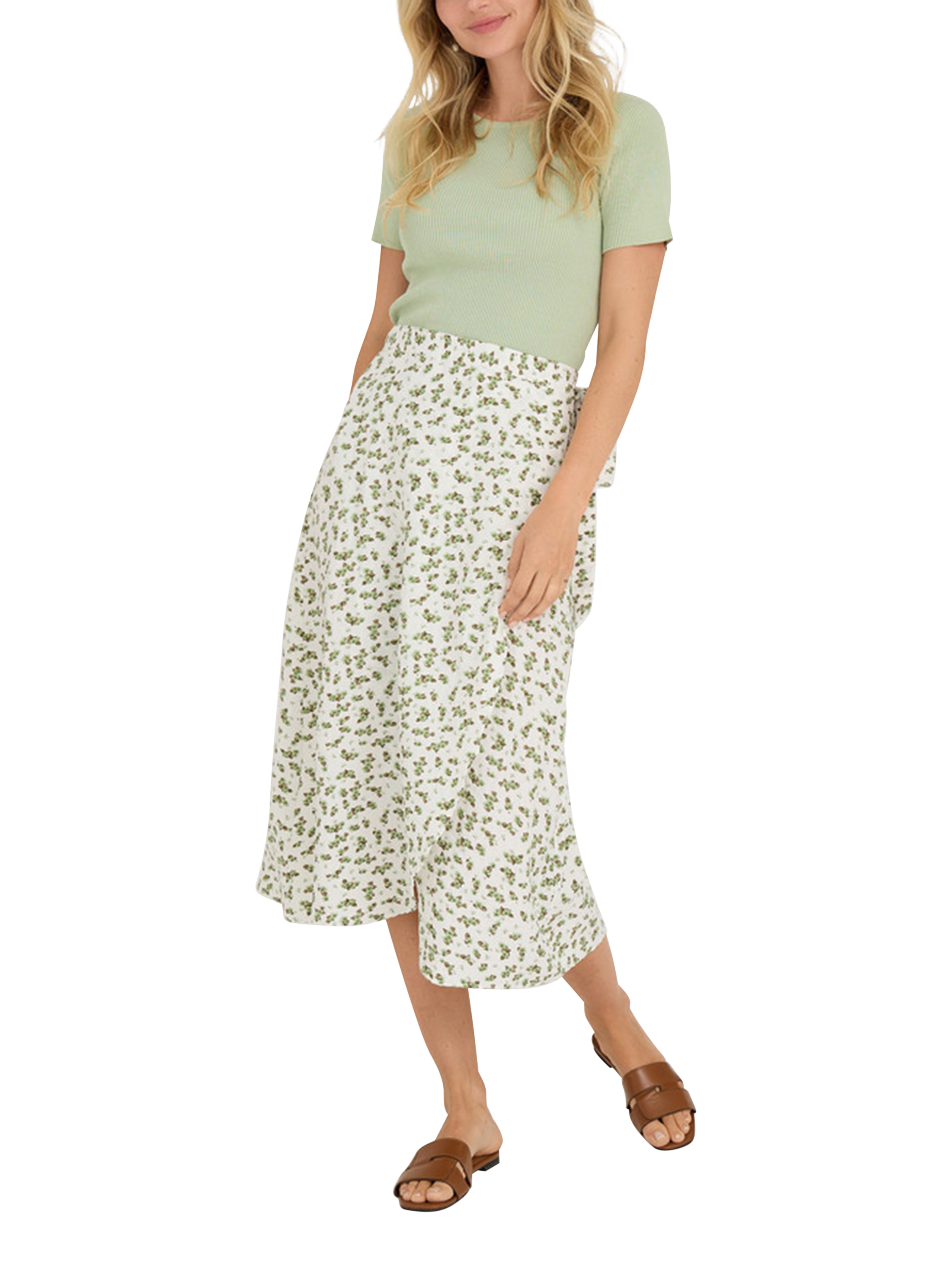 Product image 1 of 3, which shows A-VIEW Peony Floral Print Flared Midi Wrap Skirt, White/Green, 14