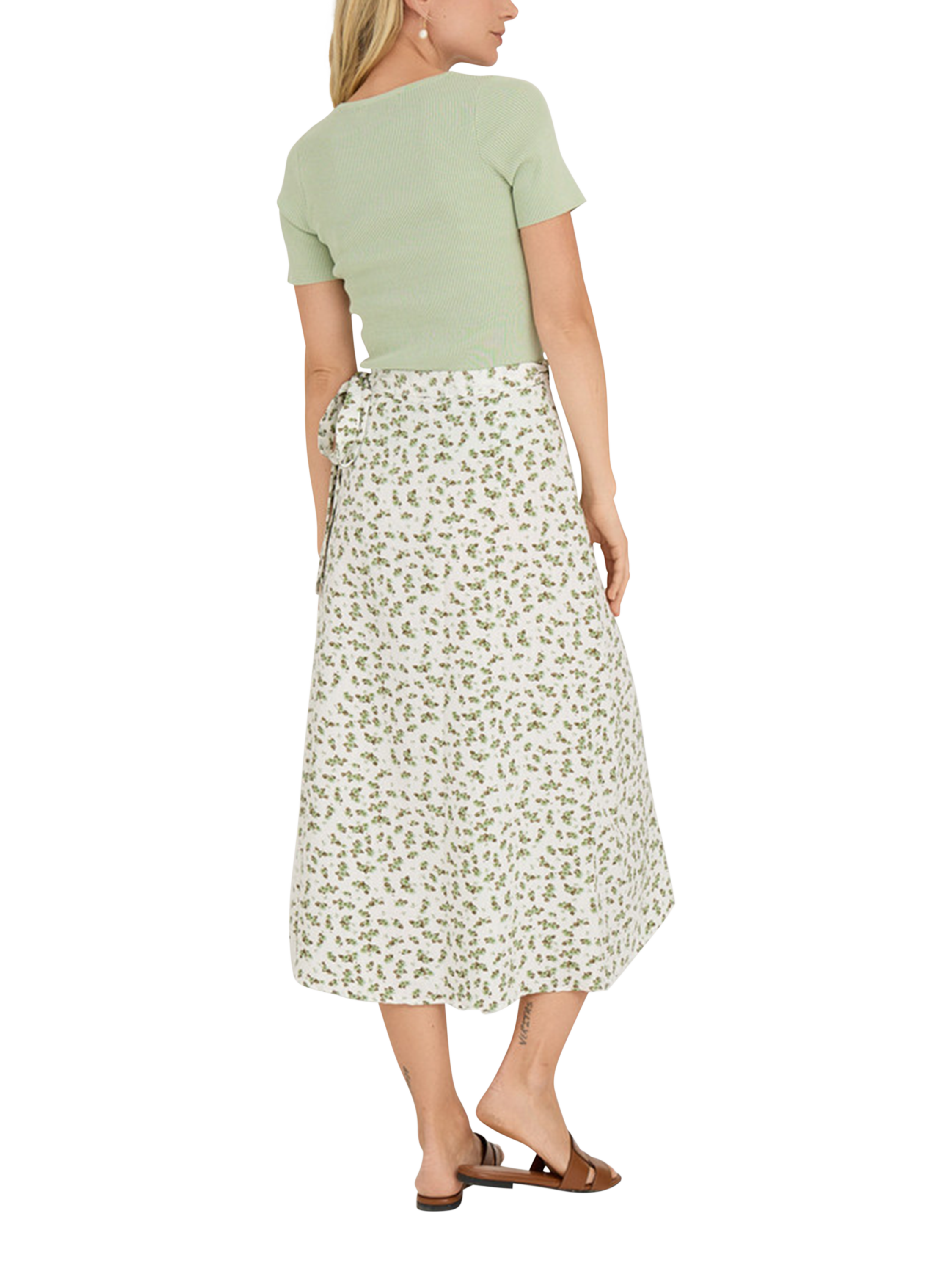 Product image 2 of 3, which shows A-VIEW Peony Floral Print Flared Midi Wrap Skirt, White/Green, 14
