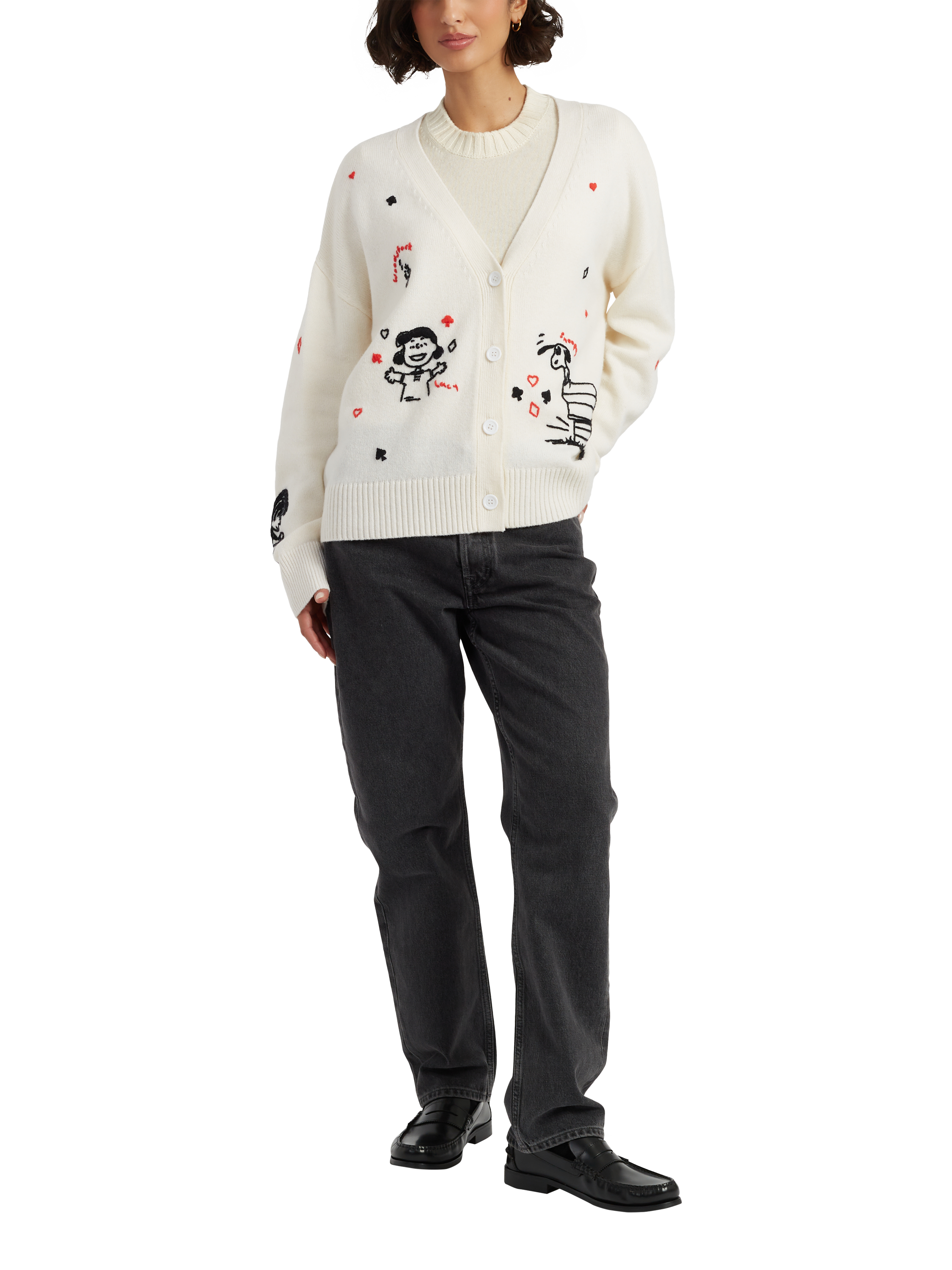Product image 1 of 5, which shows Peanuts Poker Wool Rich Cardigan, Cream, XS