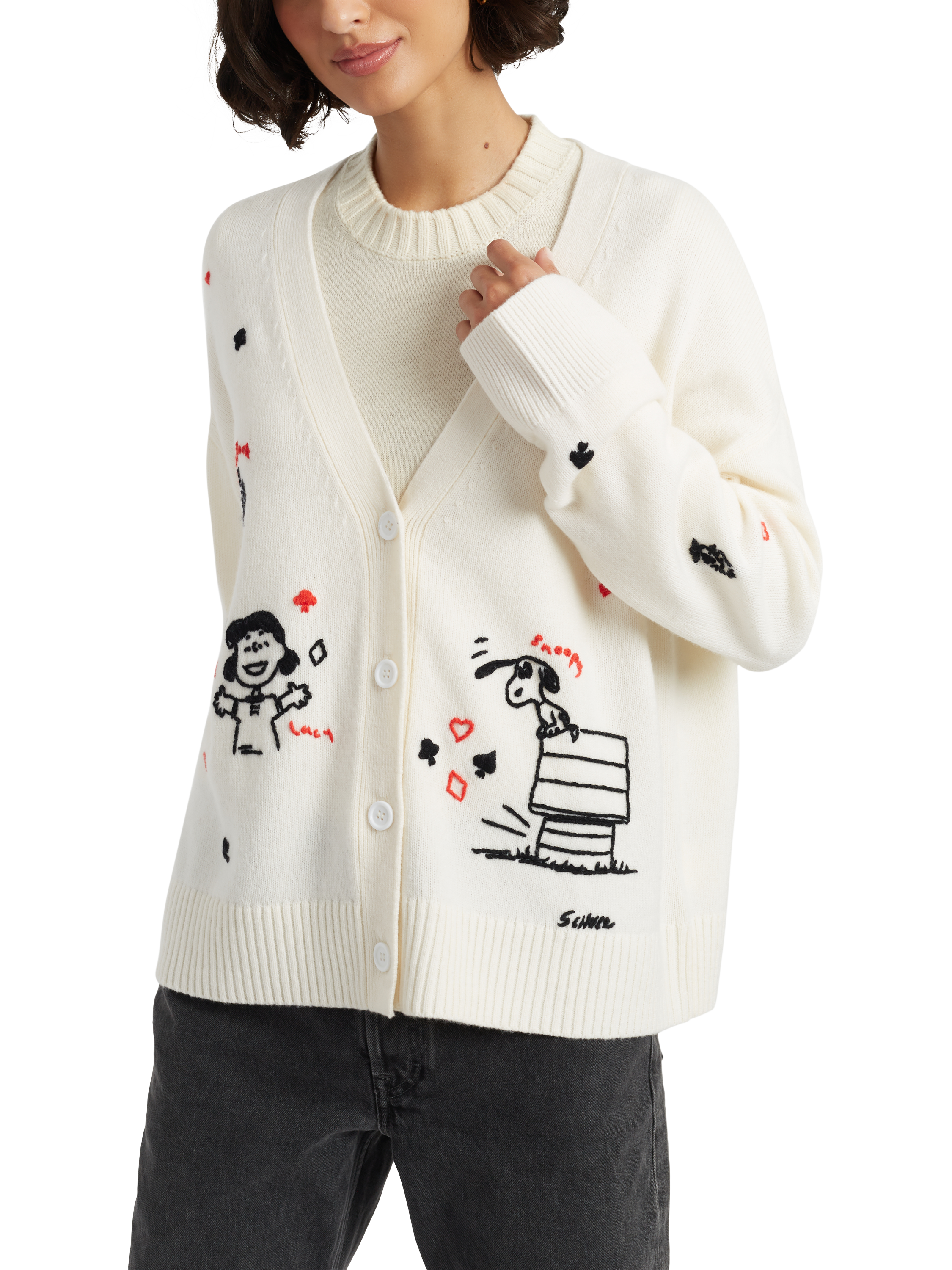 Product image 3 of 5, which shows Peanuts Poker Wool Rich Cardigan, Cream, XS