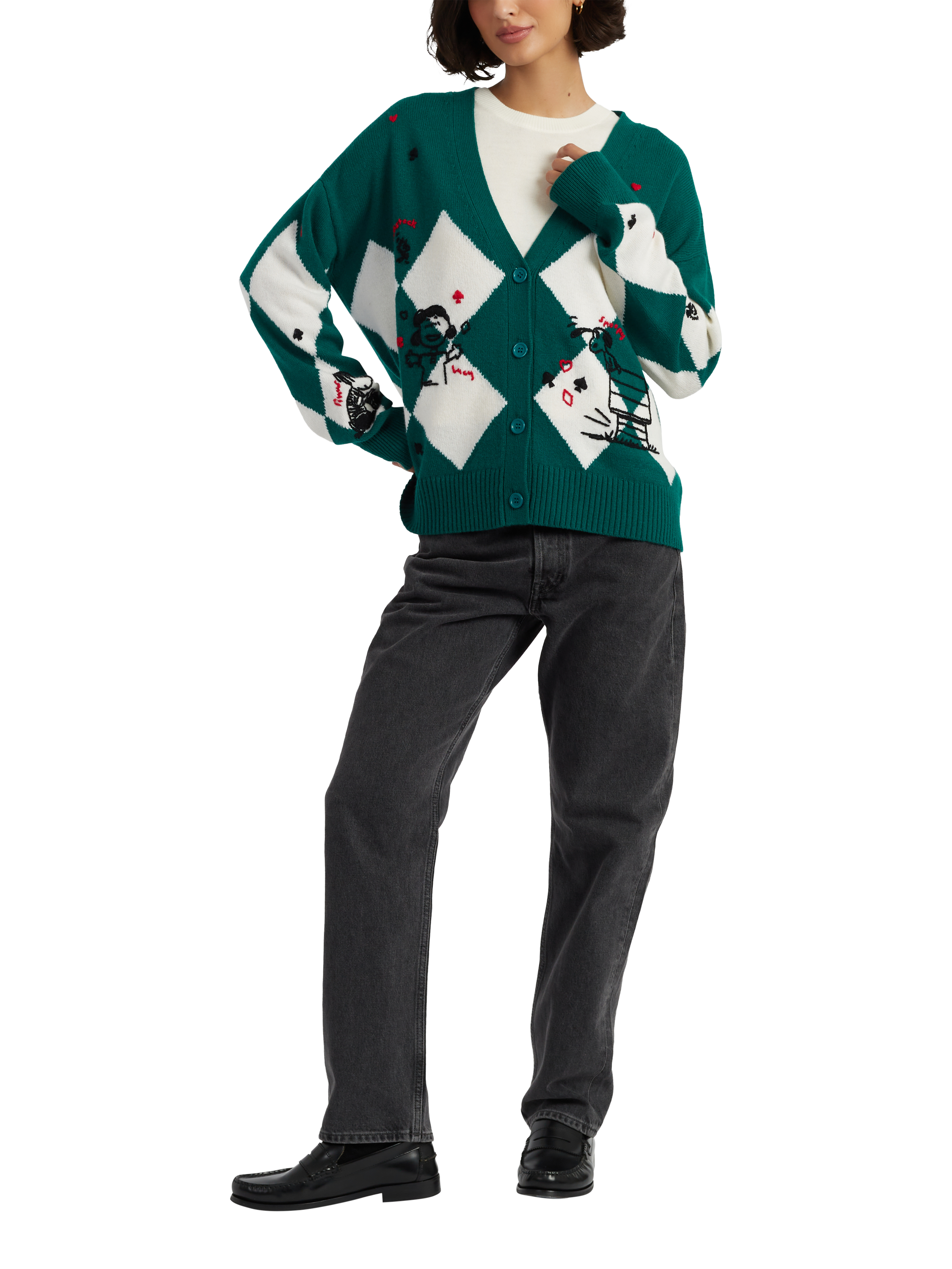 Product image 1 of 4, which shows Peanuts Argyle Poker Wool Rich Cardigan, Emerald, XS