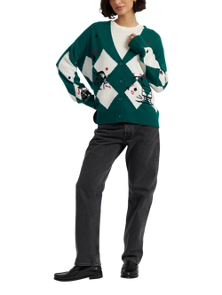 Peanuts Argyle Poker Wool Rich Cardigan, Emerald