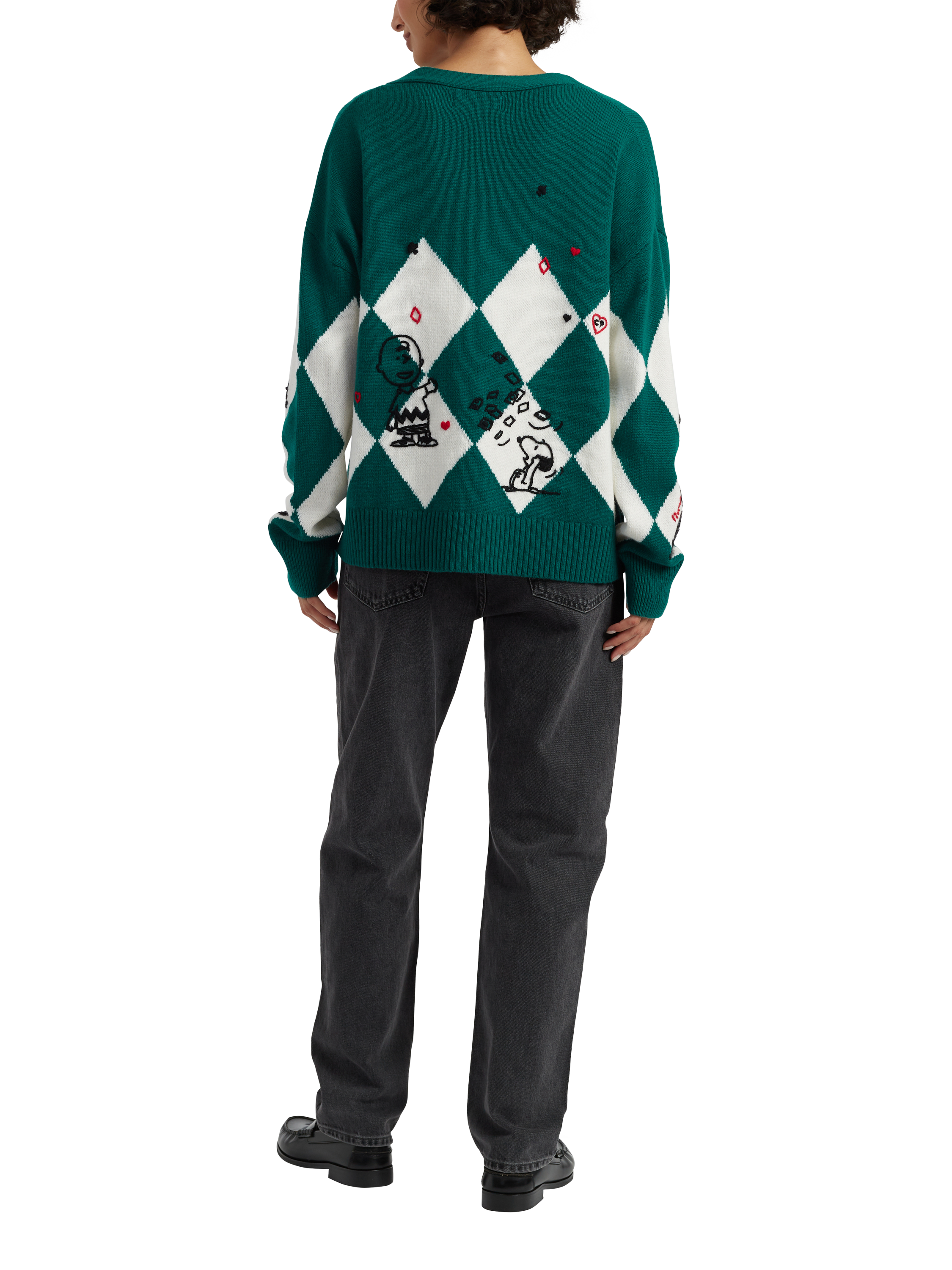 Product image 2 of 4, which shows Peanuts Argyle Poker Wool Rich Cardigan, Emerald, XS