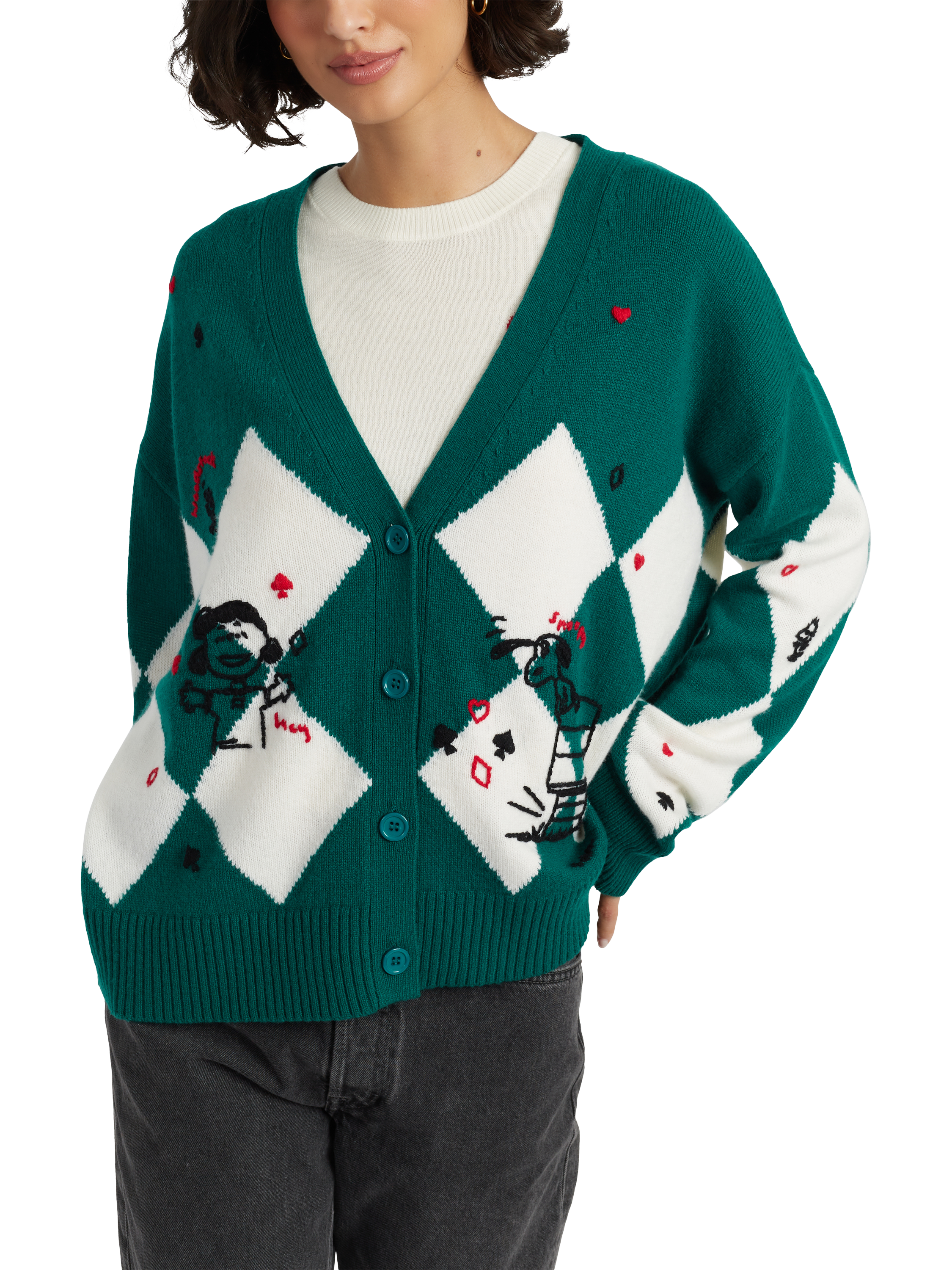 Product image 3 of 4, which shows Peanuts Argyle Poker Wool Rich Cardigan, Emerald, XS