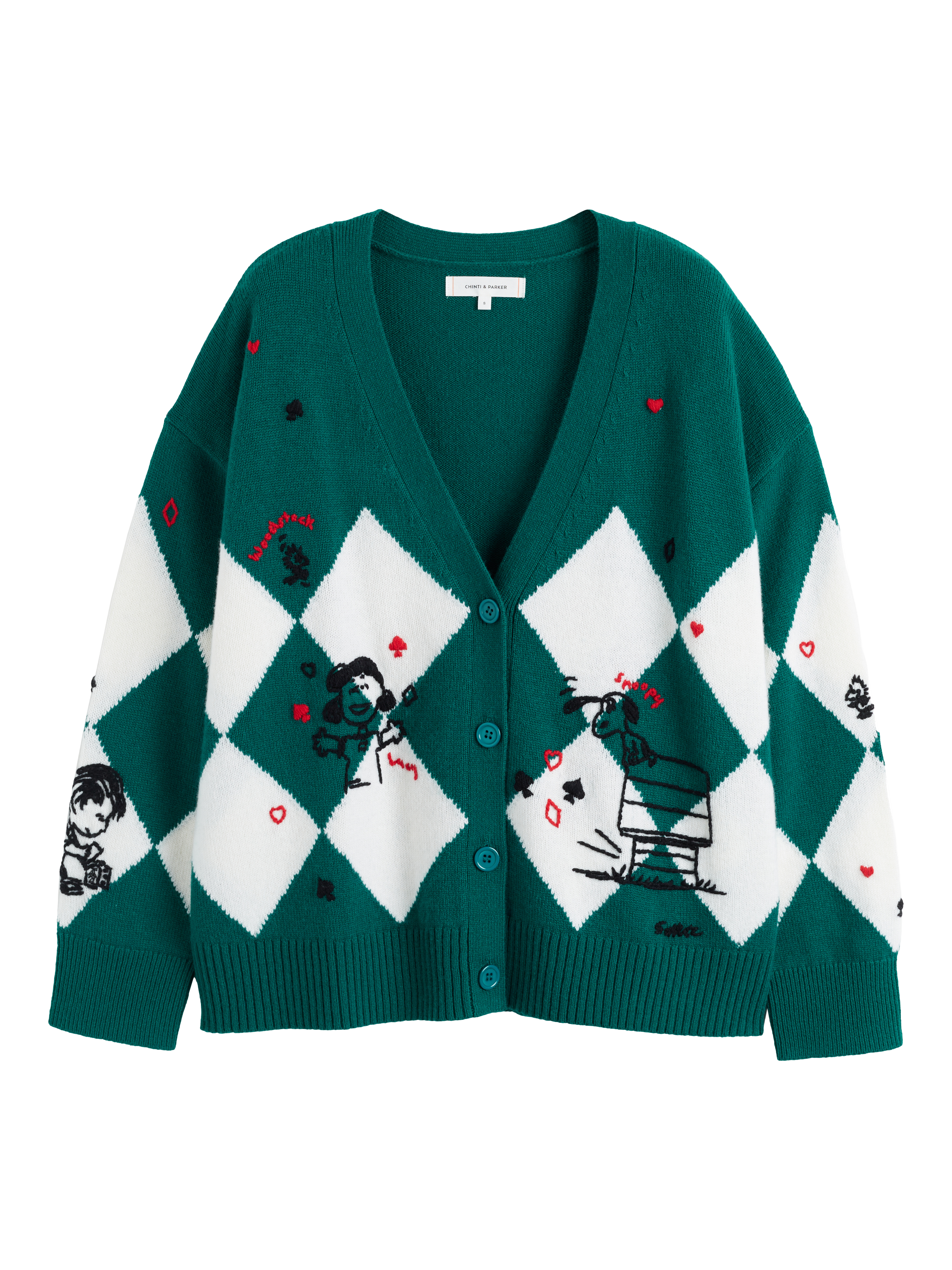 Product image 4 of 4, which shows Peanuts Argyle Poker Wool Rich Cardigan, Emerald, XS