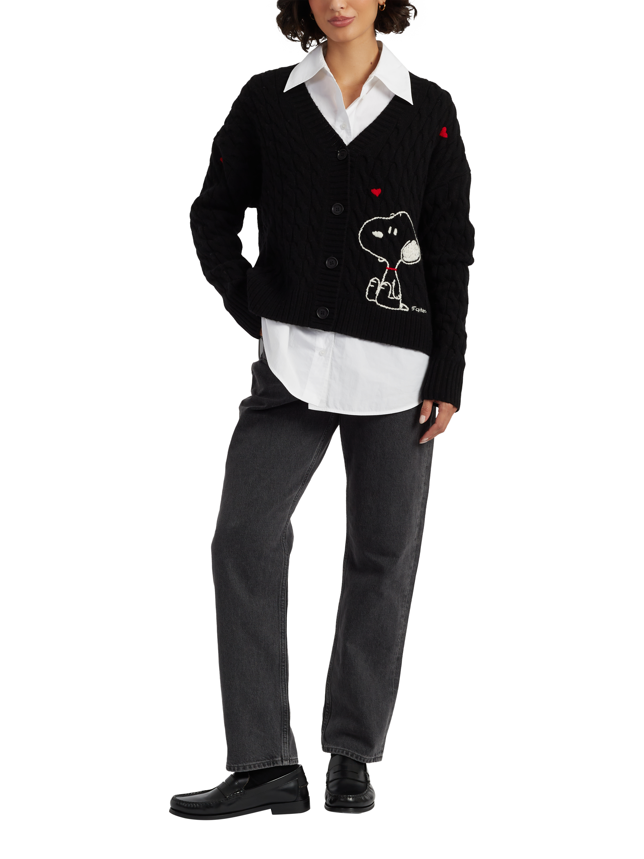 Product image 1 of 4, which shows Chinti & Parker Snoopy Hearts Wool Rich Cable Knit Cardigan, Black, XS