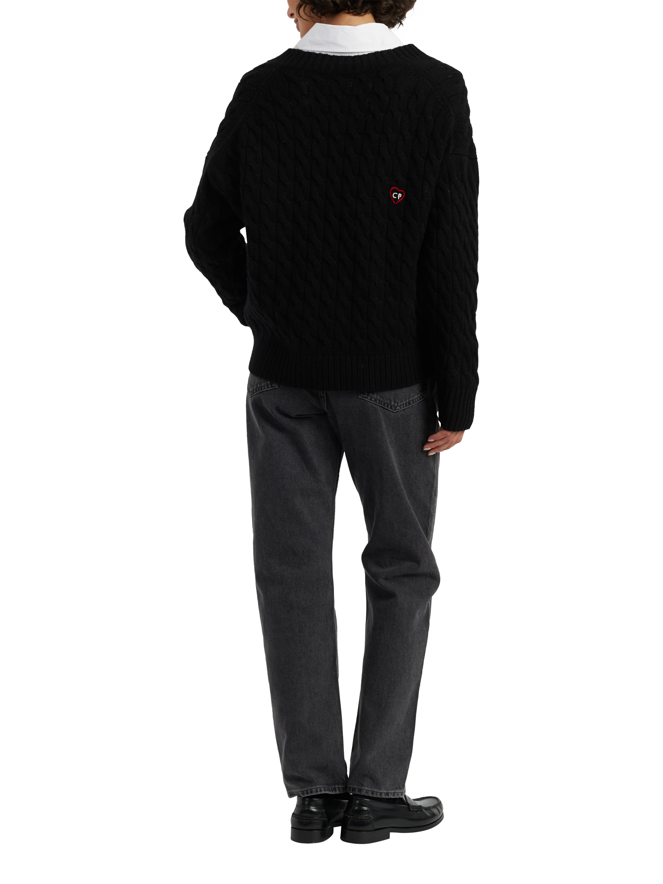 Product image 2 of 4, which shows Chinti & Parker Snoopy Hearts Wool Rich Cable Knit Cardigan, Black, XS