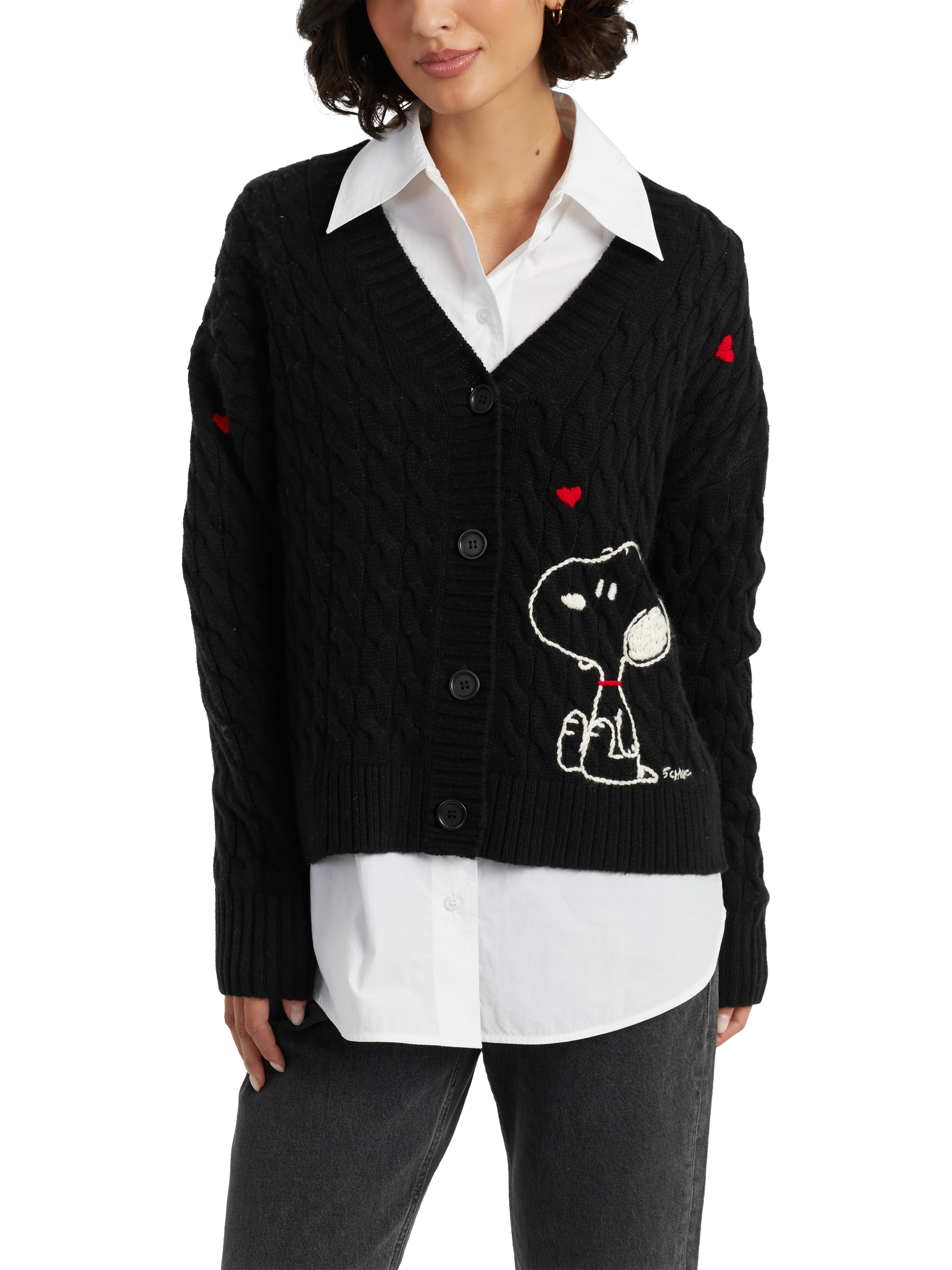 Product image 3 of 4, which shows Chinti & Parker Snoopy Hearts Wool Rich Cable Knit Cardigan, Black, XS