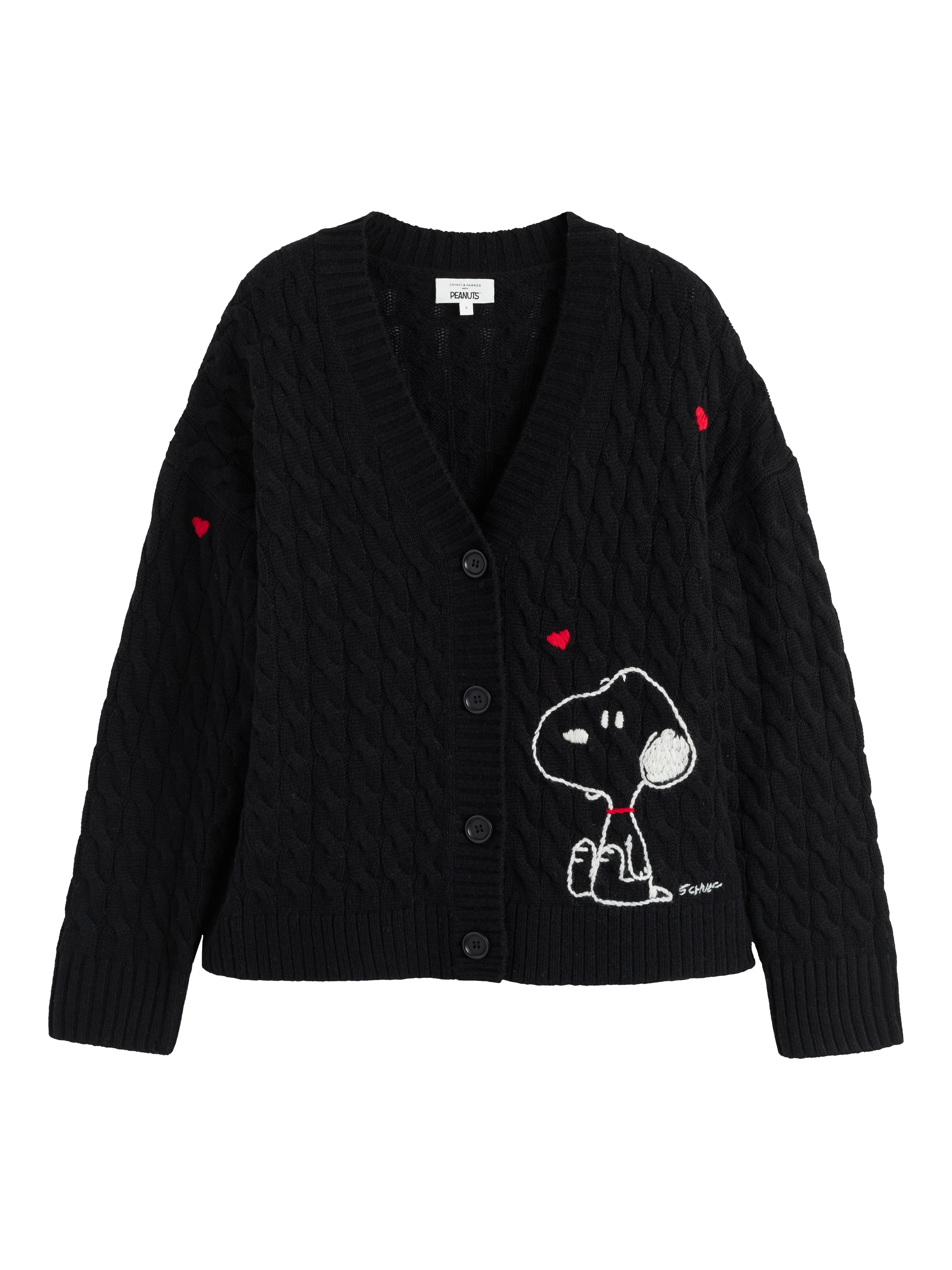 Product image 4 of 4, which shows Chinti & Parker Snoopy Hearts Wool Rich Cable Knit Cardigan, Black, XS