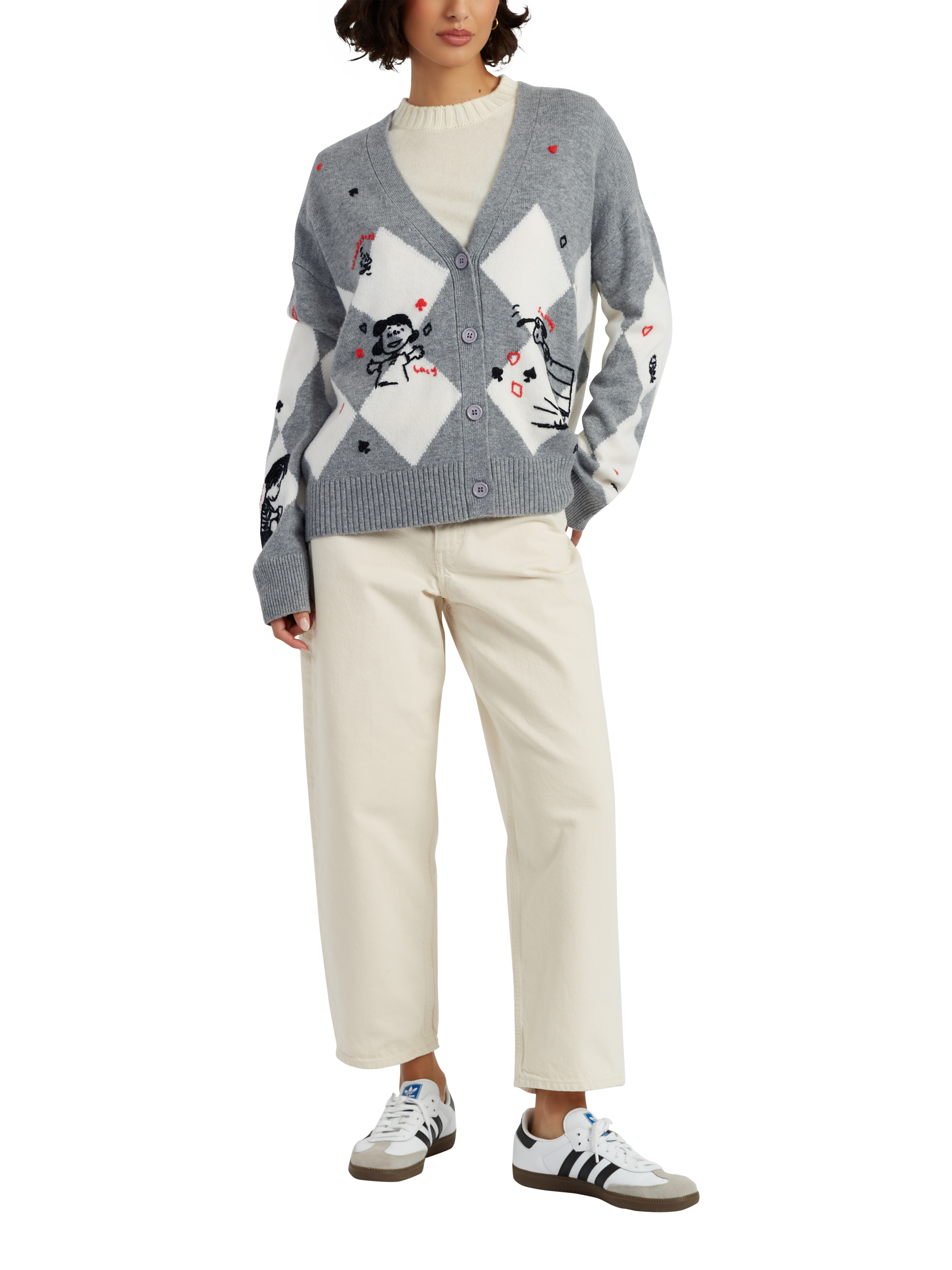 Product image 1 of 4, which shows Peanuts Argyle Poker Wool Rich Cardigan, Grey Marl, XS