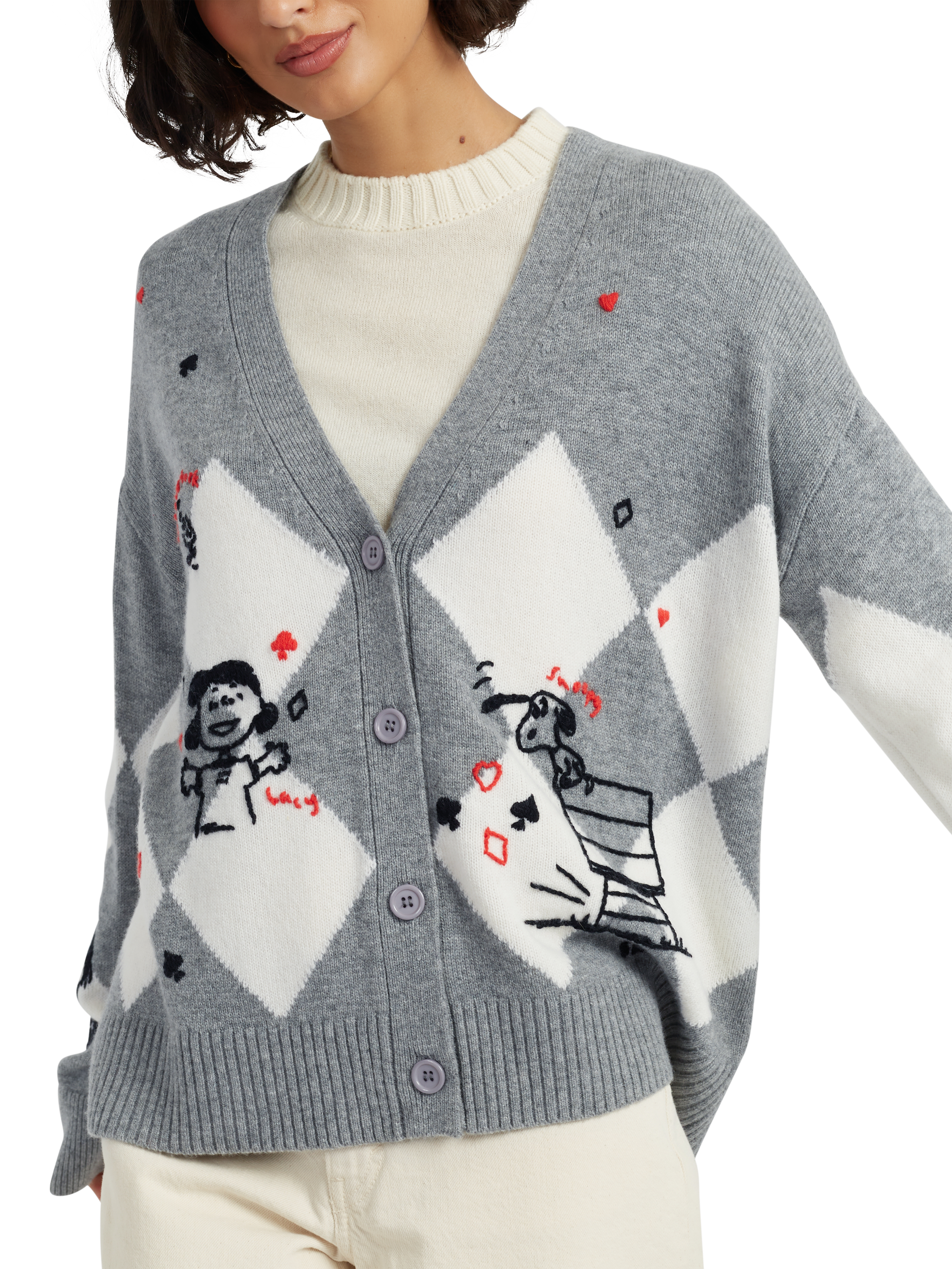 Product image 3 of 4, which shows Peanuts Argyle Poker Wool Rich Cardigan, Grey Marl, XS
