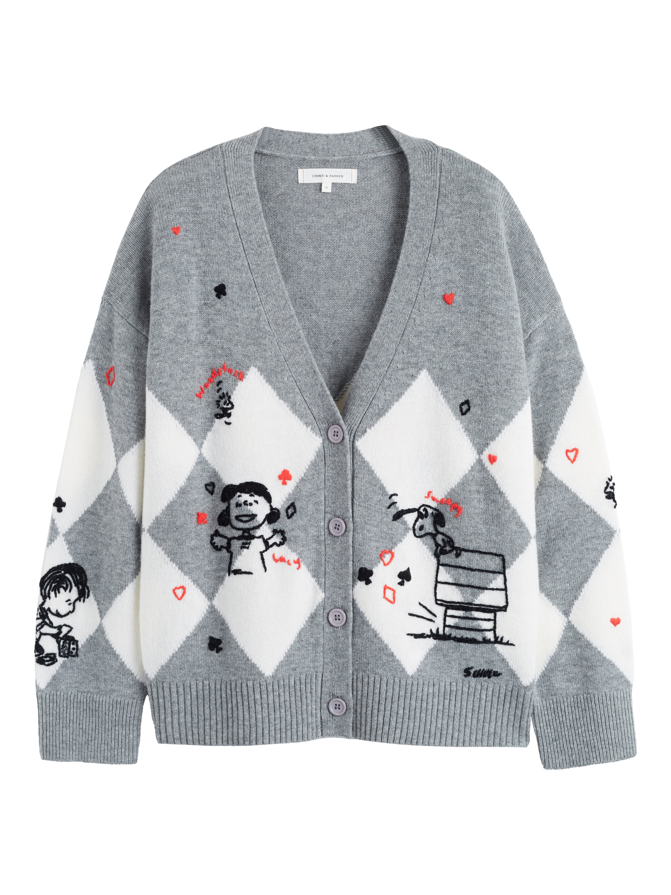 Product image 4 of 4, which shows Peanuts Argyle Poker Wool Rich Cardigan, Grey Marl, XS