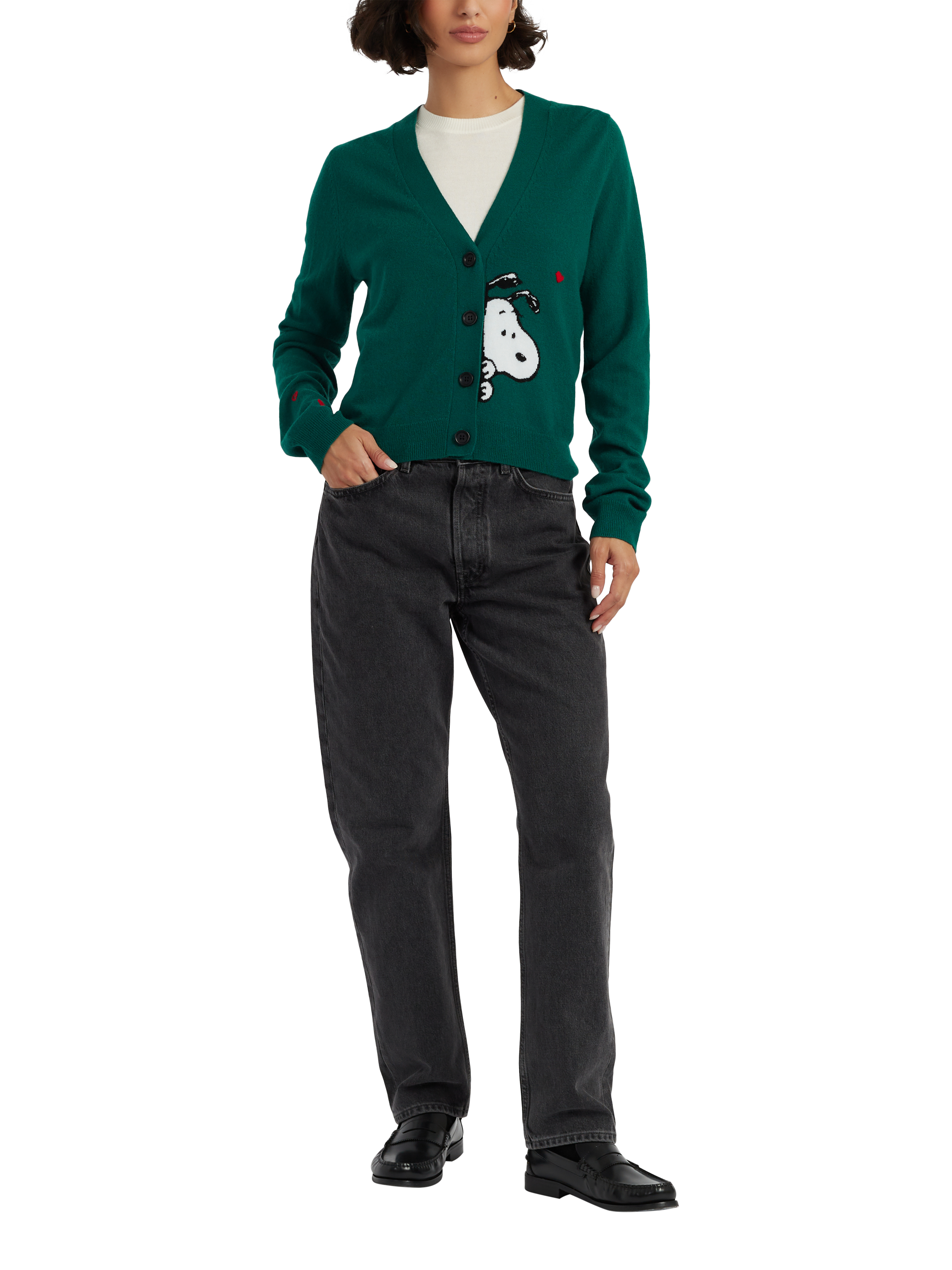 Product image 1 of 4, which shows Chinti & Parker Snoopy Peek Wool Rich Cardigan, Emerald, XS