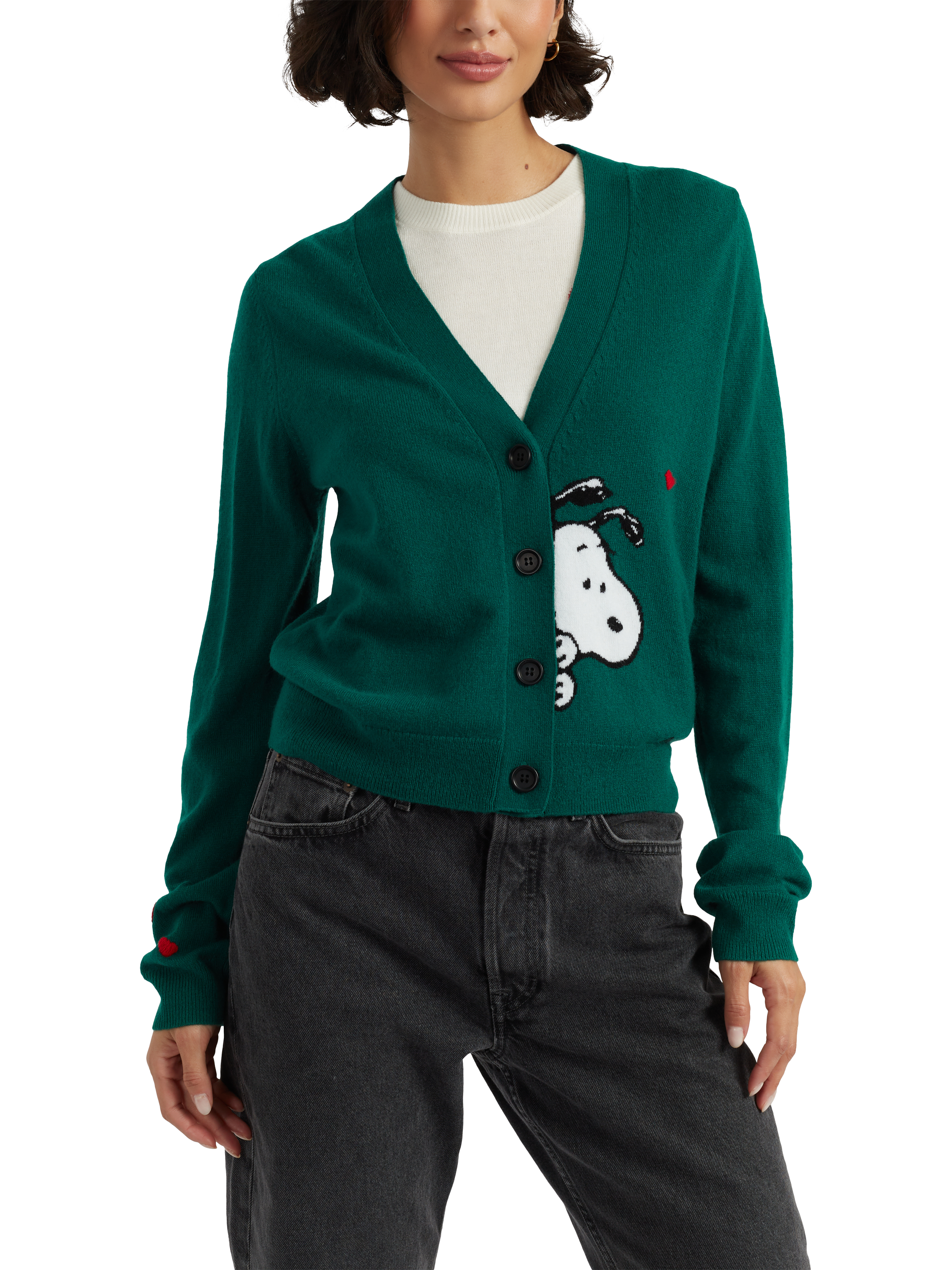 Product image 3 of 4, which shows Chinti & Parker Snoopy Peek Wool Rich Cardigan, Emerald, XS