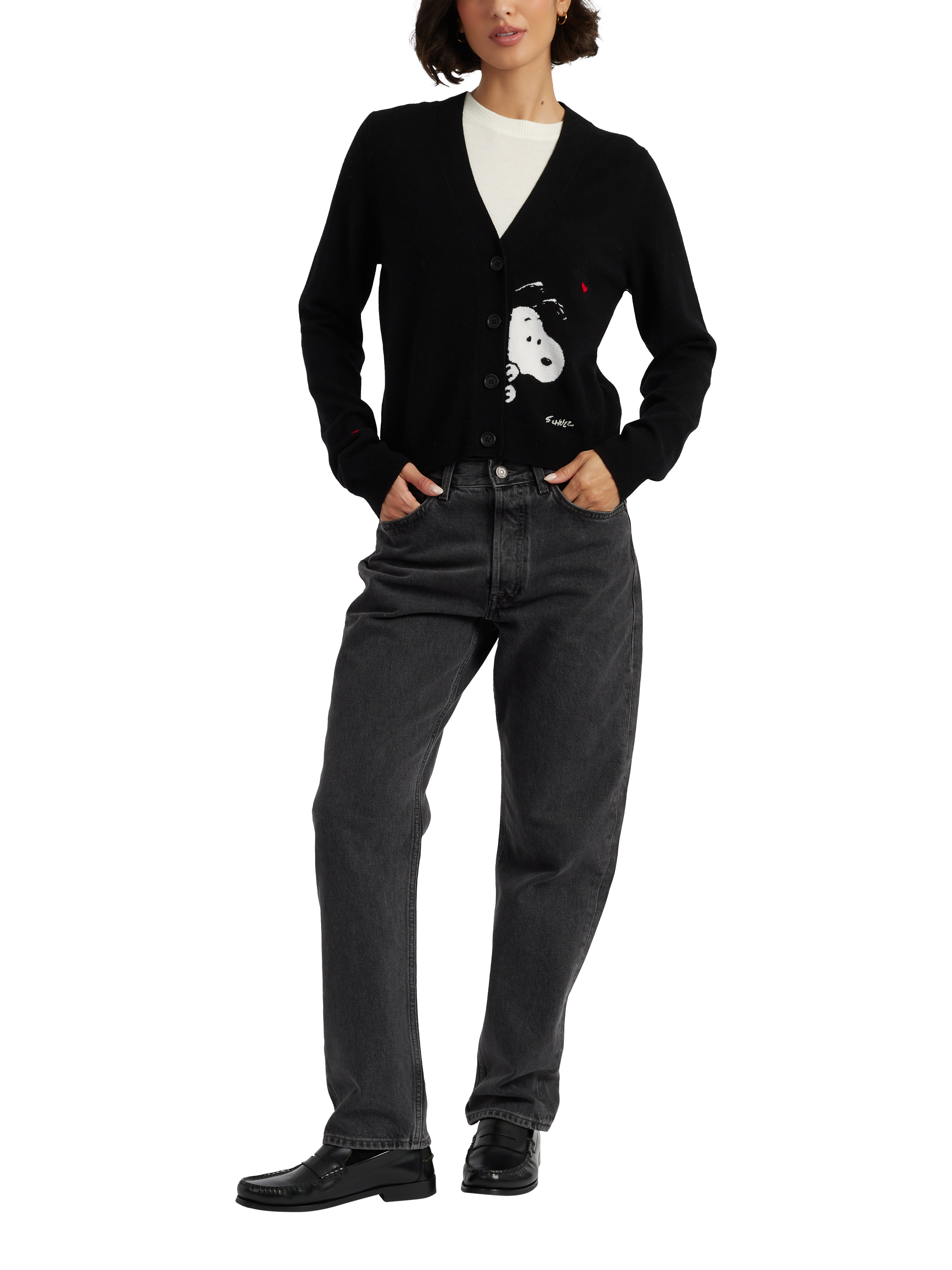 Product image 1 of 4, which shows Chinti & Parker Snoopy Peek Wool Rich Cardigan, Black, XS