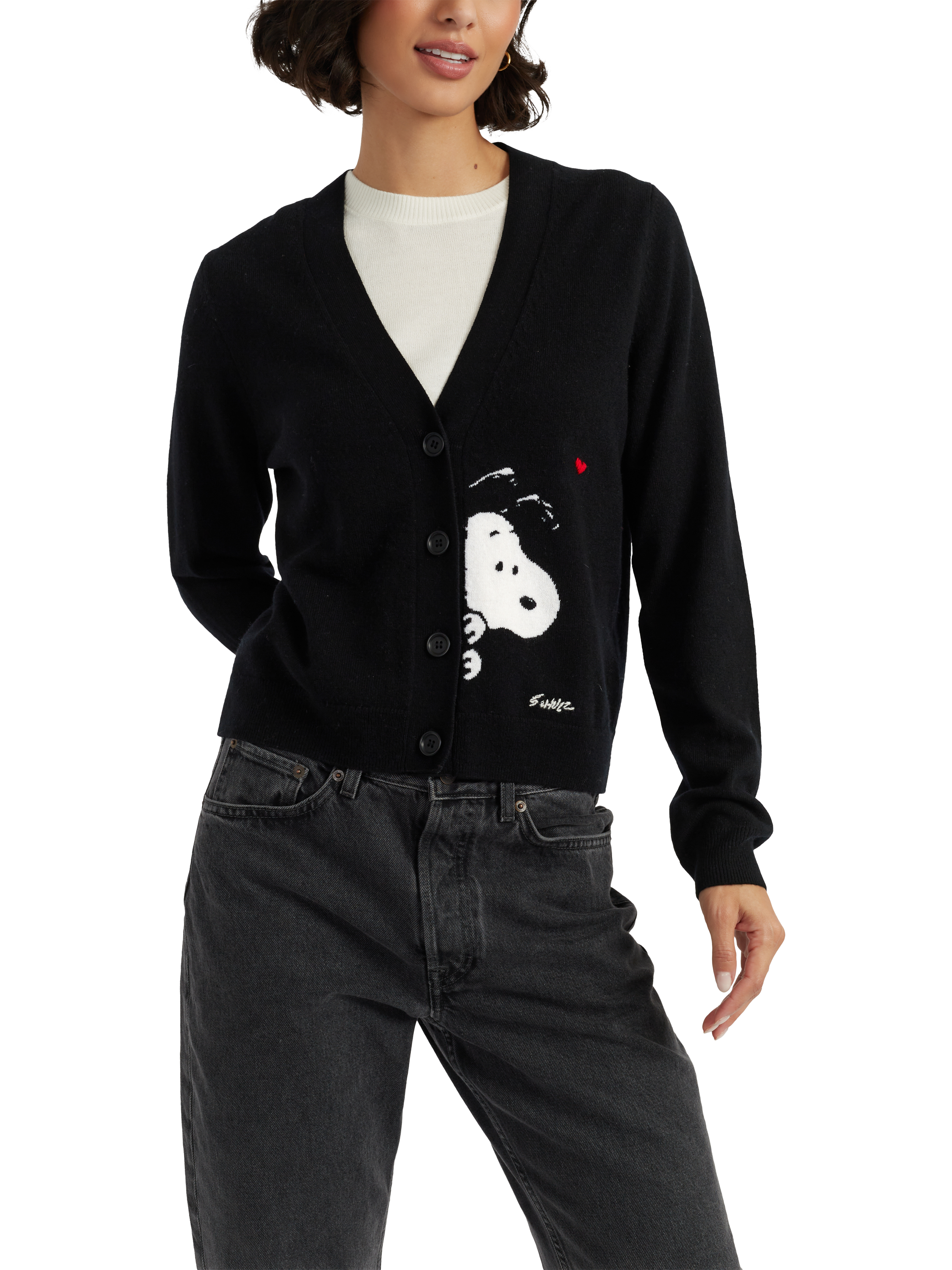 Product image 3 of 4, which shows Chinti & Parker Snoopy Peek Wool Rich Cardigan, Black, XS