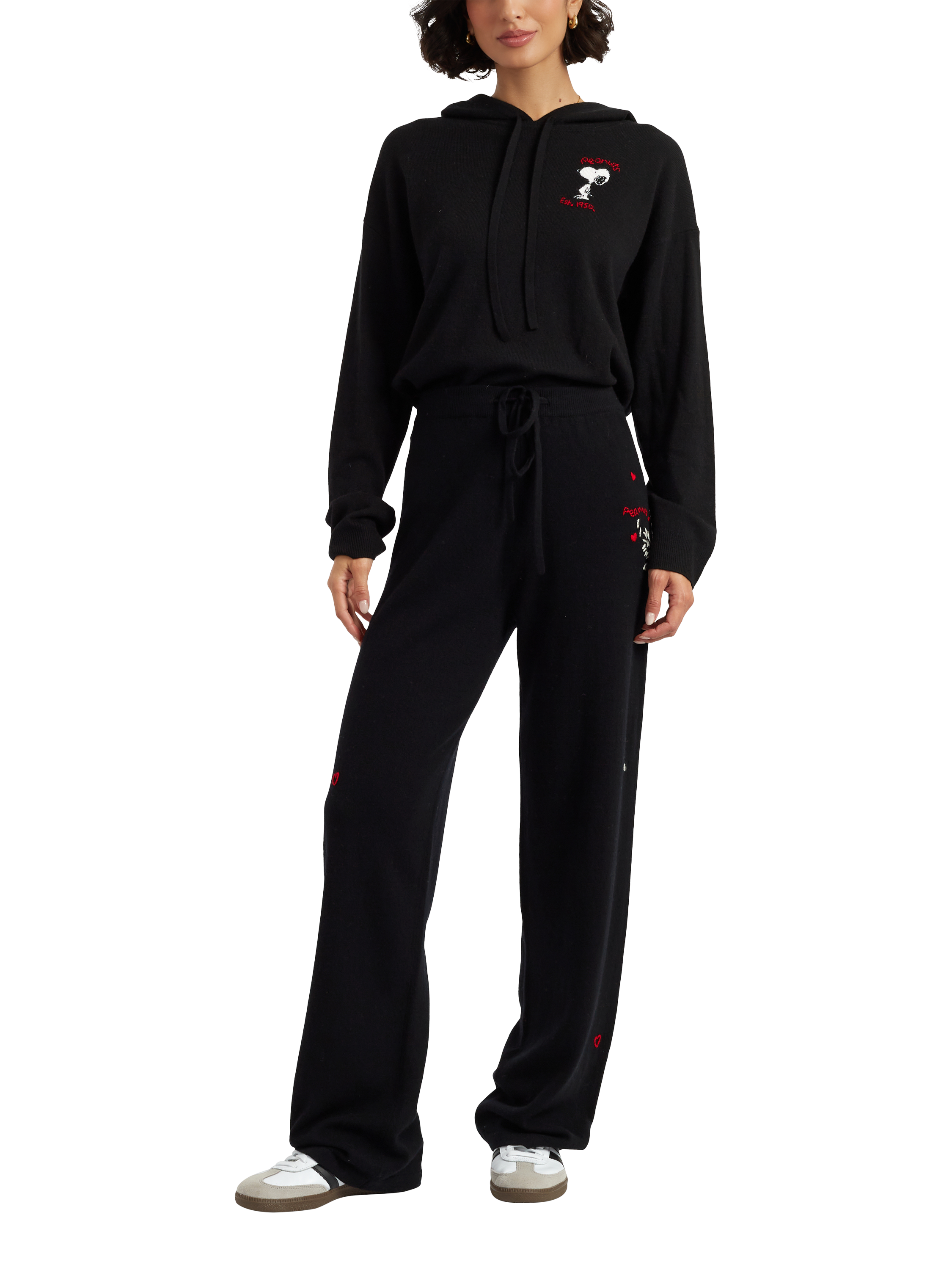 Product image 1 of 5, which shows Chinti & Parker Snoopy Hearts Wool Rich Joggers, Black, XS