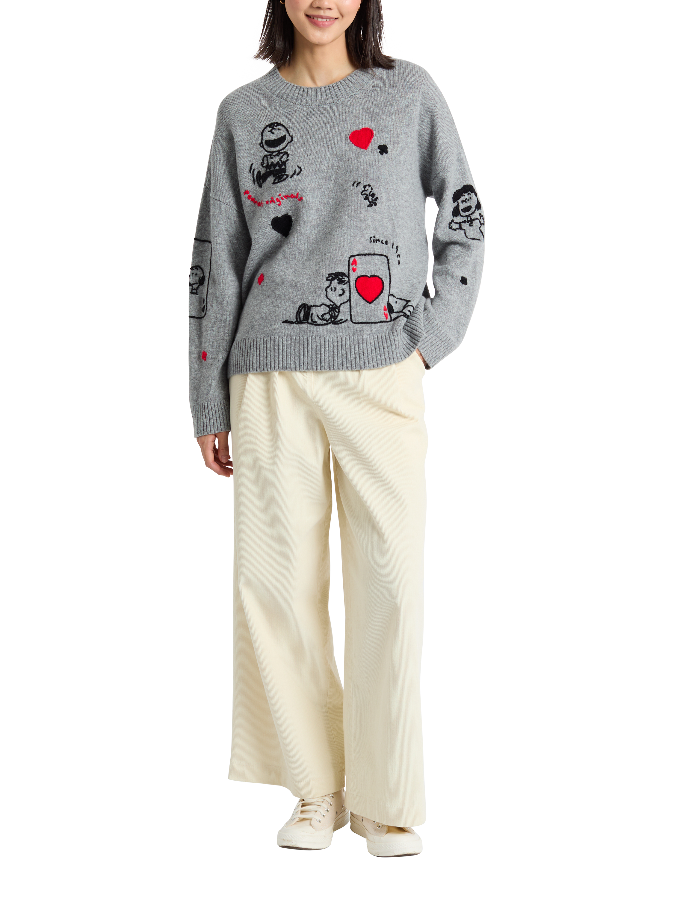 Product image 1 of 4, which shows Peanuts Charlie Poker Night Wool Rich Jumper, Grey Marl, XS