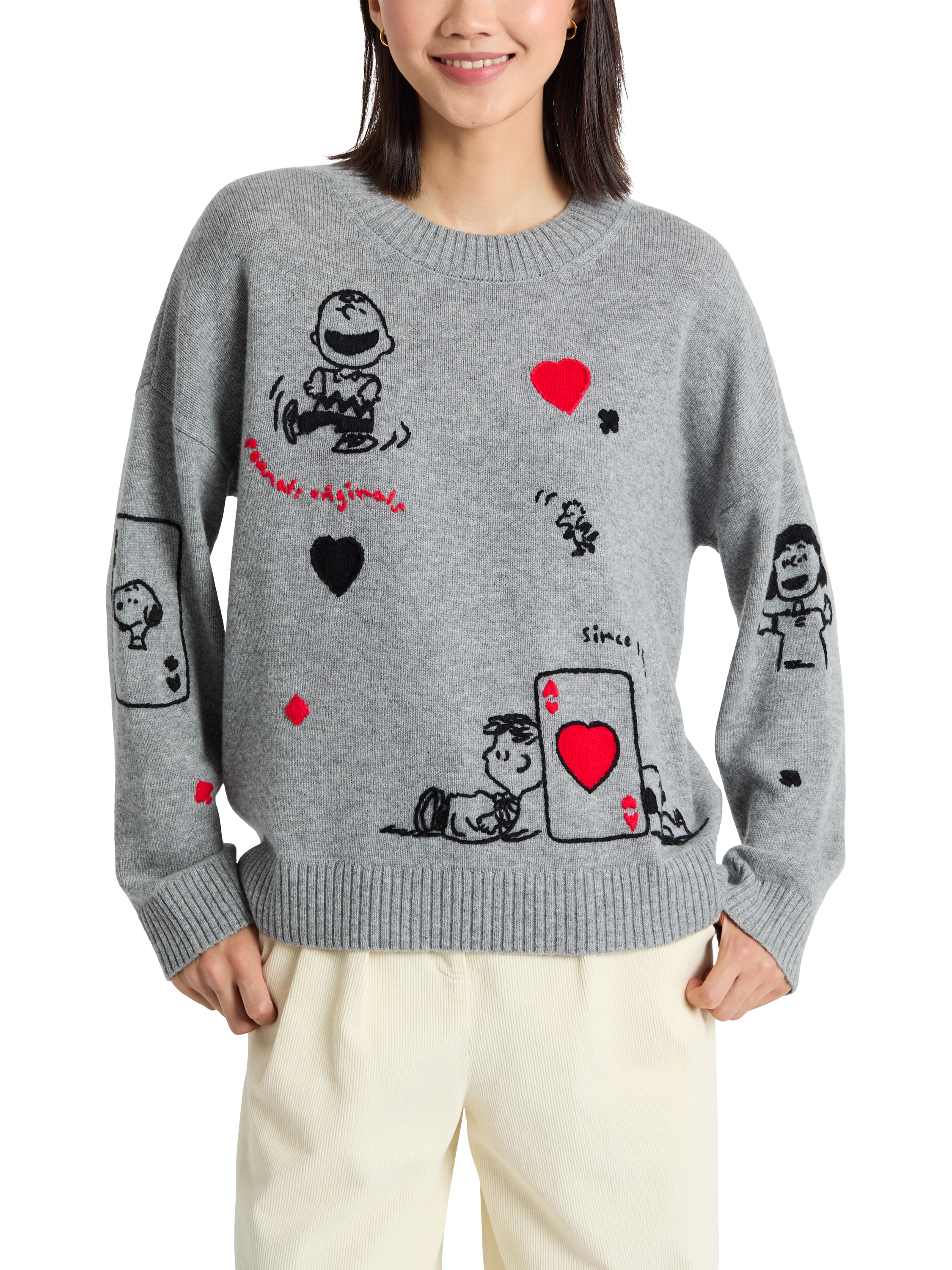 Product image 3 of 4, which shows Peanuts Charlie Poker Night Wool Rich Jumper, Grey Marl, XS